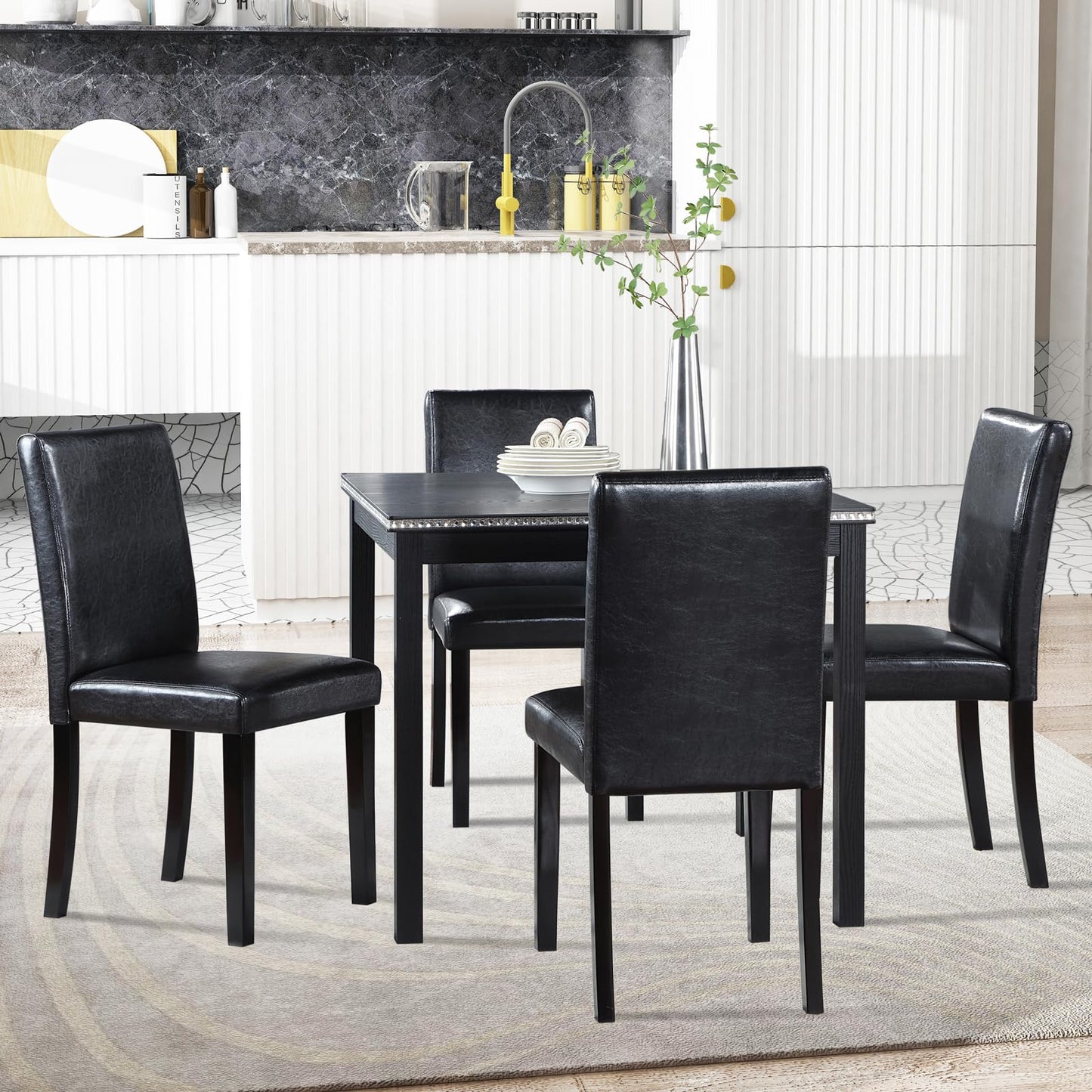 LKTART 5-Piece Kitchen & Dining Room Table and Chairs Sets,Small Square Kitchen Table with 4 Upholstered XX-Shaped Backrest Chairs,Walnut