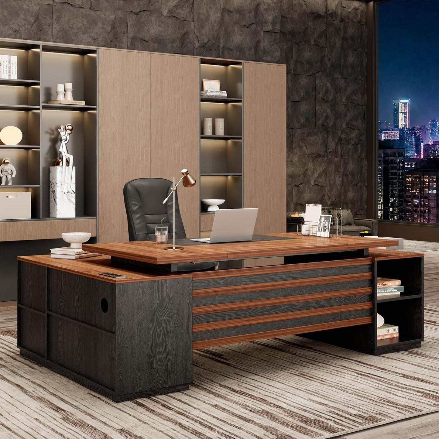 Epecoya L-Shaped Executive Desk with Storage Cabinet and Open Shelf, 78-Inch Home Office Desk with Drawers, Boss Large L-Desk with Power Outlet for Studio, Office, Black Brown