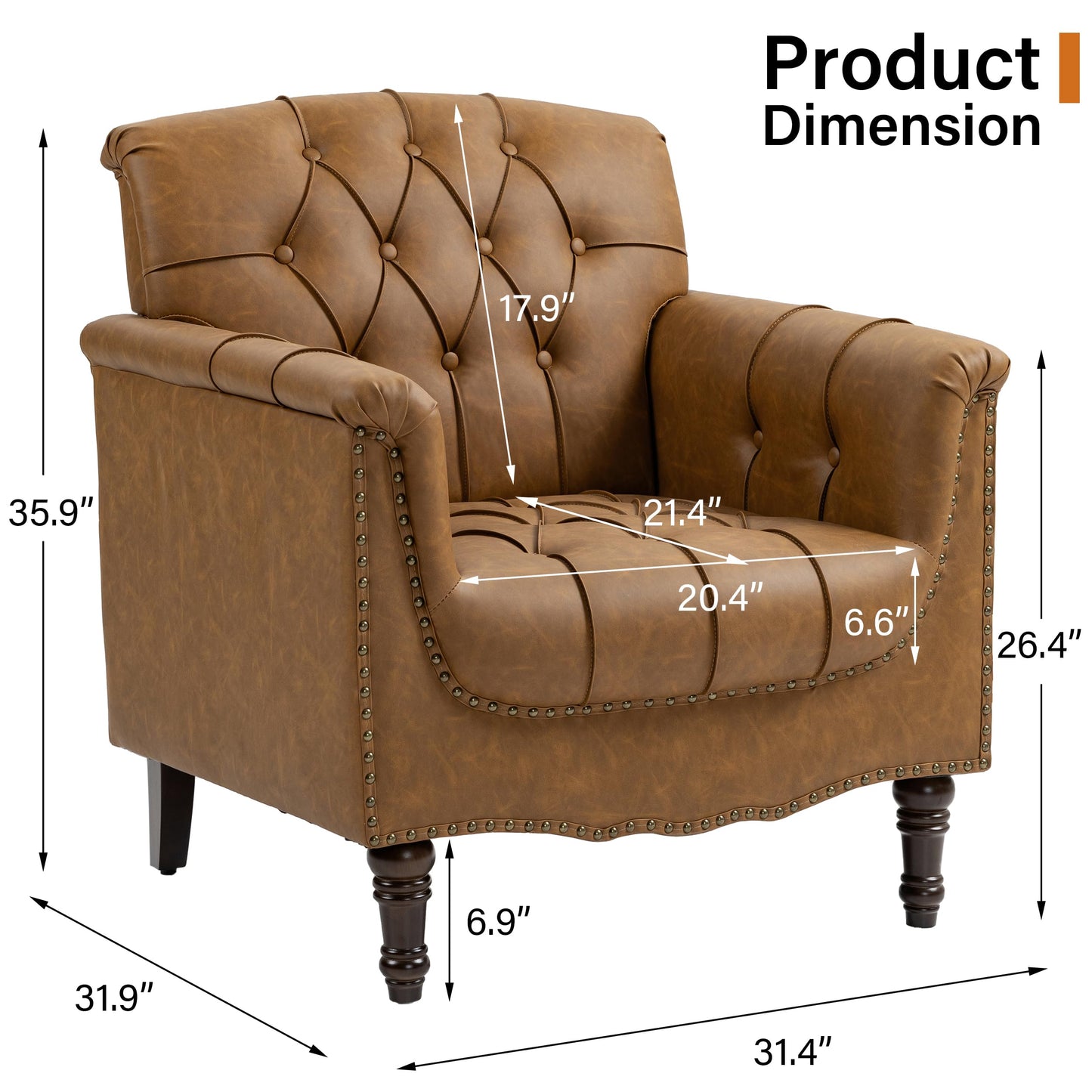 Faux Leather Club Chair, Retro Upholstered Armchair Accent Chair with Solid Wood Legs & Nailhead Trim for Living Room, Bedroom, Reading Room, Camel