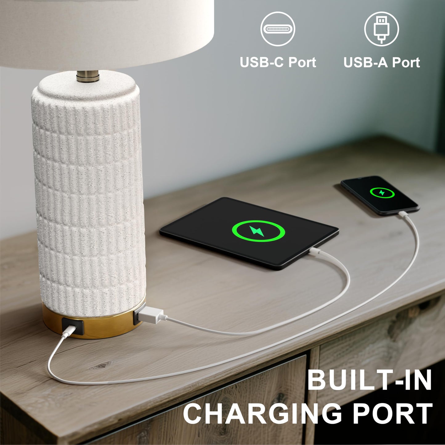 PoKat Touch Bedside Table Lamps with USB Ports for Bedroom Living Room, 25'' Dimmable Nightstand Touch Lamps for Living Room, Modern Ceramic Lamps for Night Stands Bedroom, Office, White and Beige