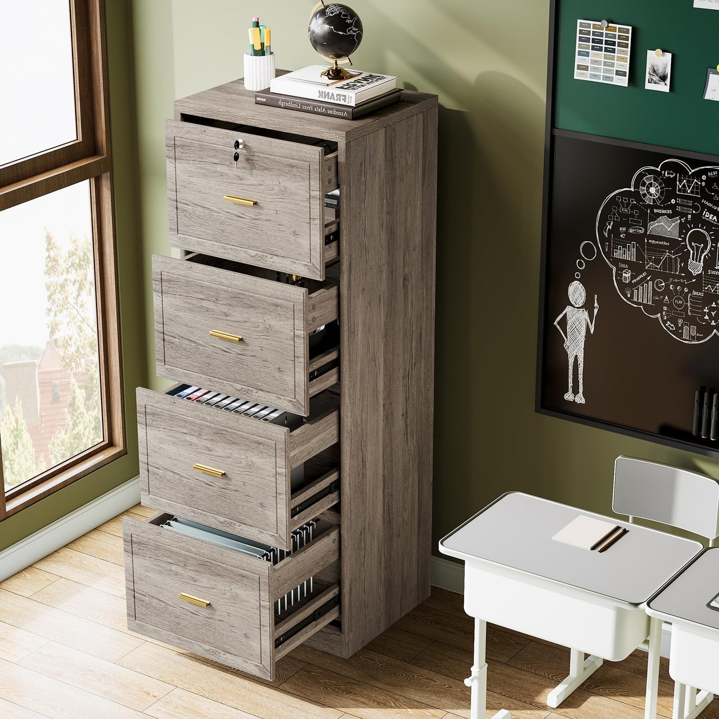 Tribesigns 4-Drawer File Cabinet with Lock, Locked File Cabinet with Key, Tall Wooden Filing Cabinets for Home Office, Vertical Office Storage for Legal Size/Letter/A4/Files, Brown