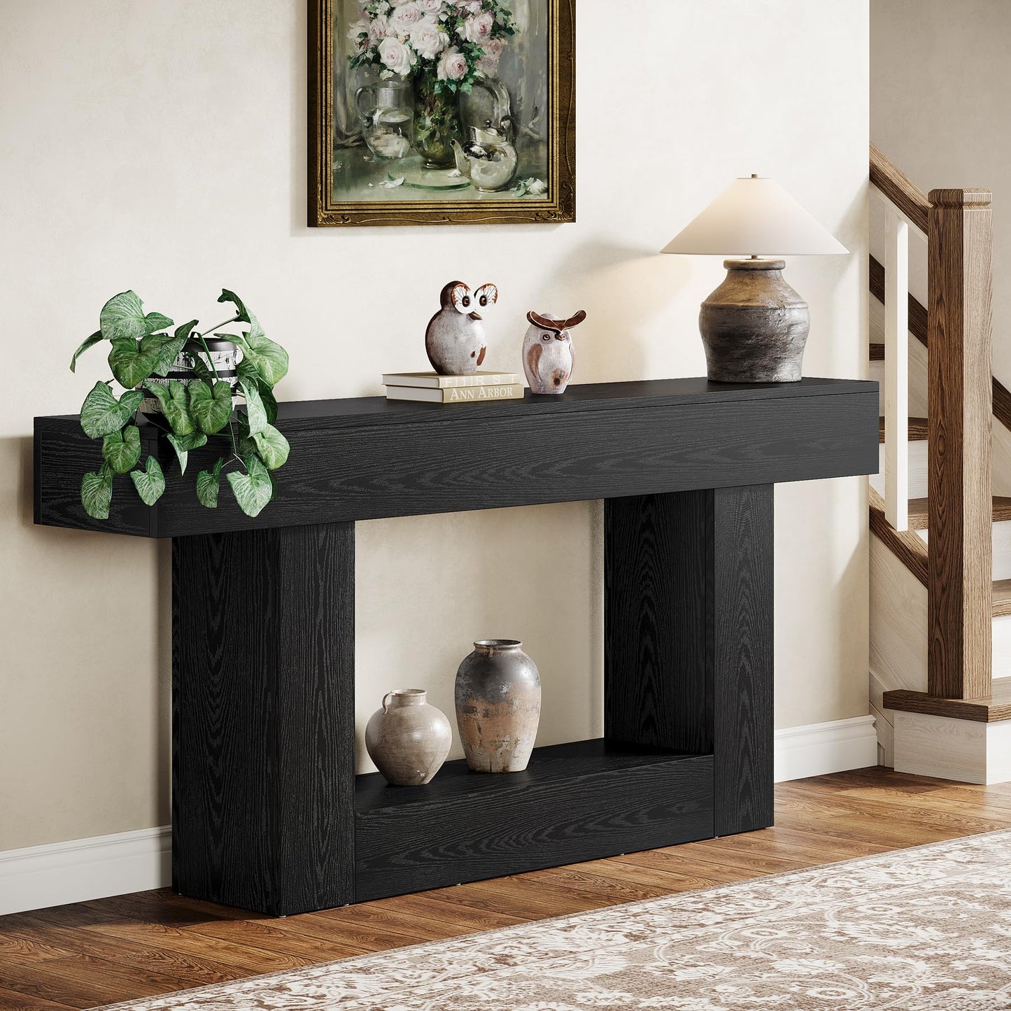 Tribesigns 63" Console Table, Farmhouse 2-Tier Entryway Table with U-Shaped Base, Narrow Long Wood Sofa Table Behind Couch Table for Living Room, Hallway, Foyer, Vintage Brown & Gray | Farmhouse
