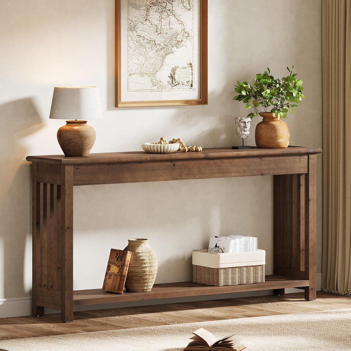 63" Solid Wood Console Table with 2-Tier Shelf, Farmhouse Sofa Table, Rustic Entryway Table for Behind Couch, Hallway, Living Room