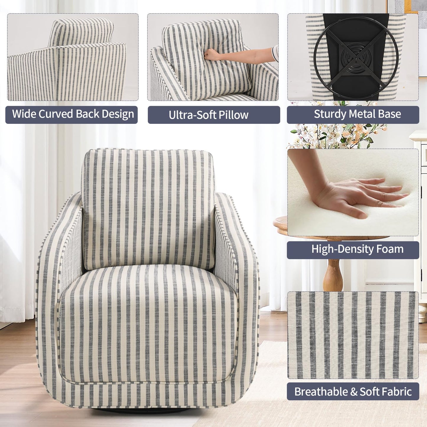IOMOR Swivel Barrel Accent Chair, 360 Degree Comfy Swivel Reading Chair with Removable Back, Modern Sofa Chair with Oversize Base for Living Room, Bedroom, Office, Fully Assembled (1, Blue Stripe)