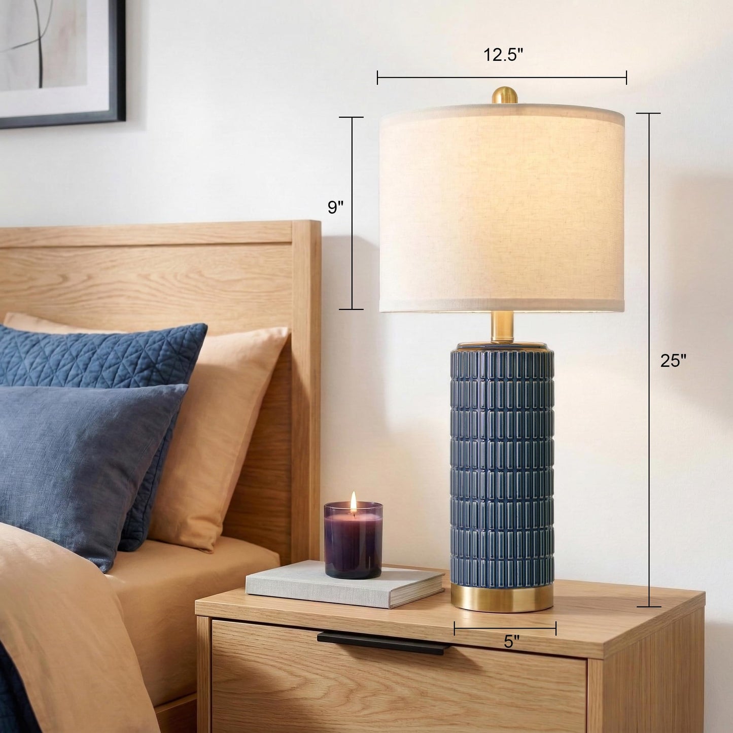 PoKat Small Bedside Table Lamps Set of 2 for Bedroom Living Room, 21.5'' Modern Ceramic Nightstand Lamps with Gold Base, Farmhouse Table Lamps for Office End Side Table Console, White and Beige