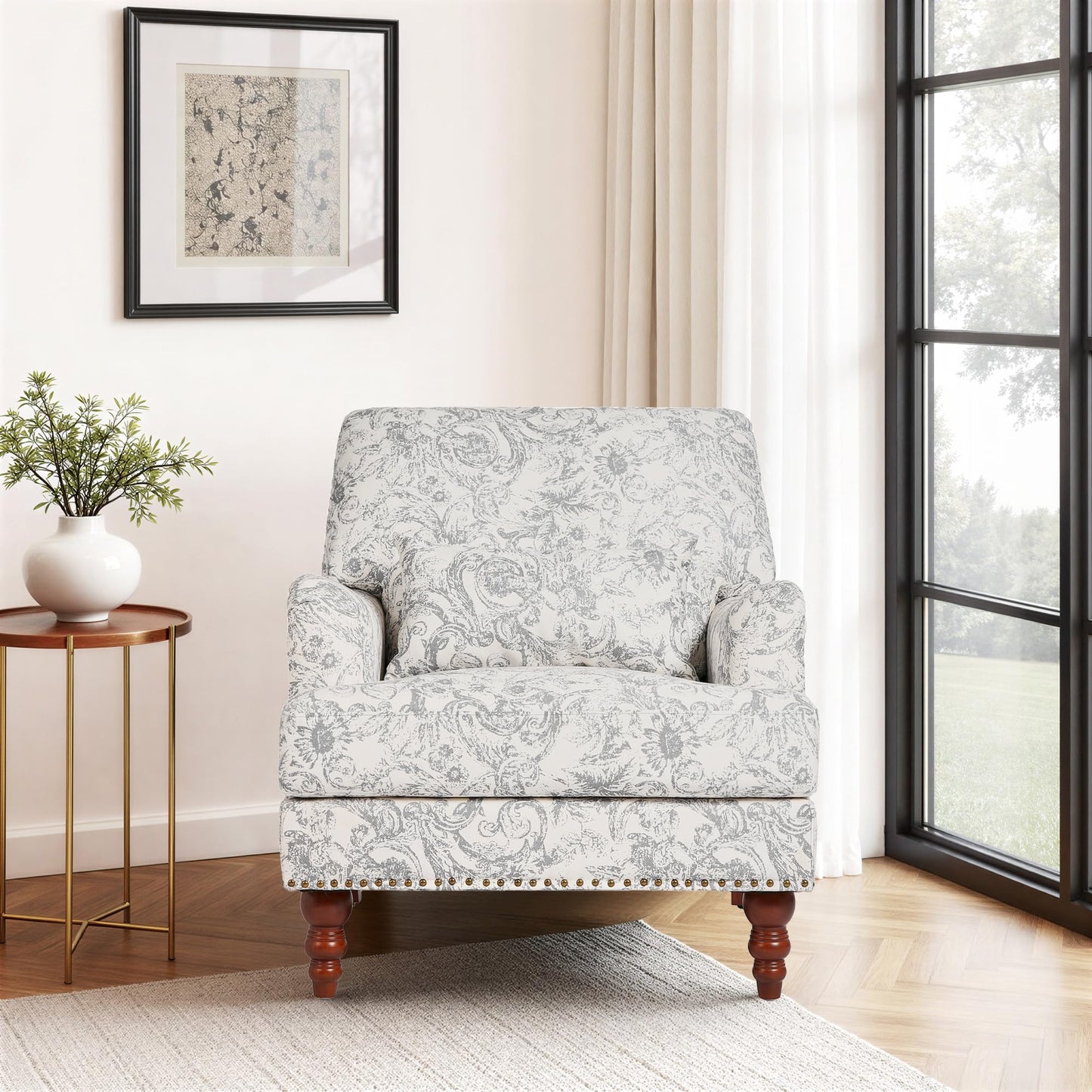 Accent Chair for Living Room, Upholstered Armchair with Nailhead Trim & Solid Wood Legs, Mid Century Modern Club Chair for Bedroom/Reading Room, Rococo Green