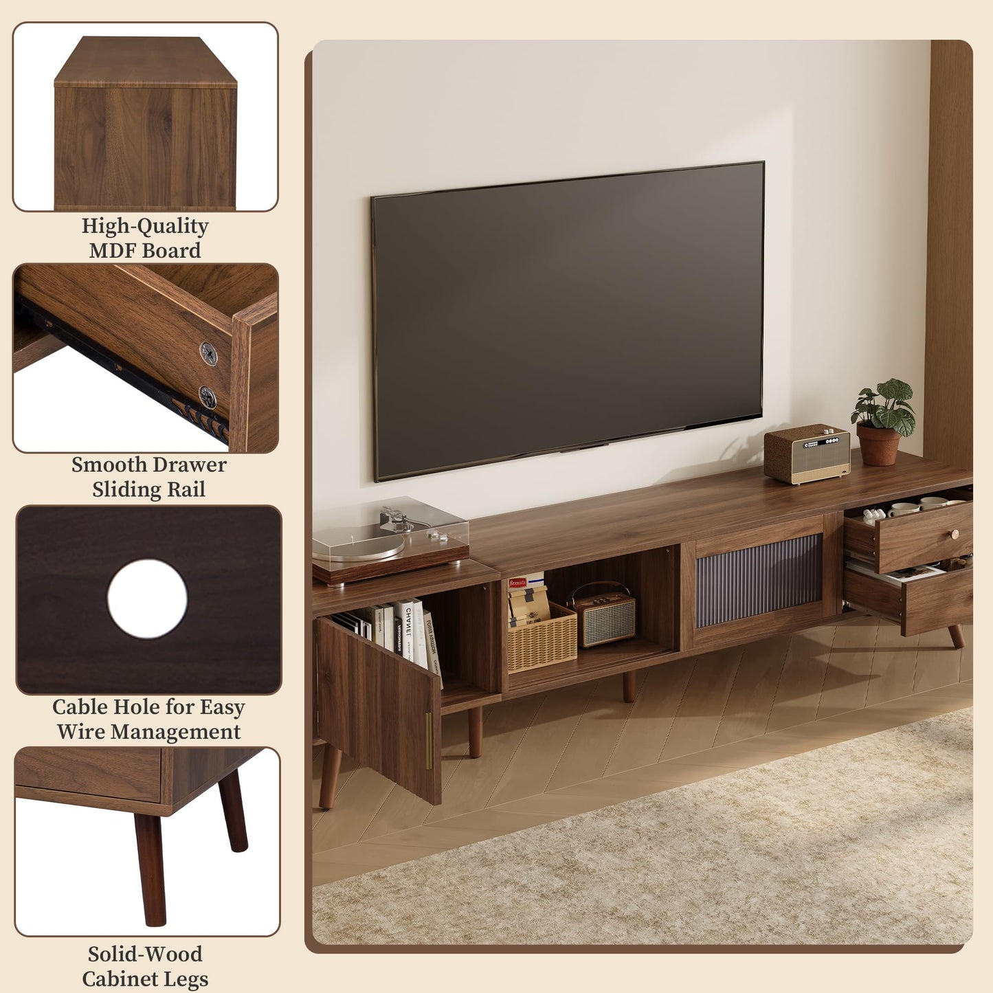 LKTART 67" Mid Century Modern TV Stand for 65/70/75/80" TVs,Entertainment Center with Sliding Doors and Drawers,Media Console for Living Room
