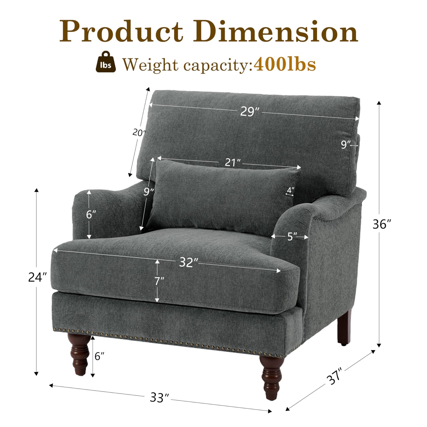 Accent Chair for Living Room, Upholstered Armchair with Nailhead Trim & Solid Wood Legs, Mid Century Modern Club Chair for Bedroom/Reading Room, Rococo Green