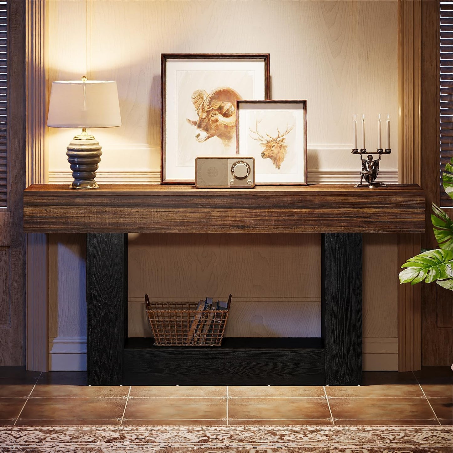 Tribesigns 63" Console Table, Farmhouse 2-Tier Entryway Table with U-Shaped Base, Narrow Long Wood Sofa Table Behind Couch Table for Living Room, Hallway, Foyer, Vintage Brown & Gray | Farmhouse