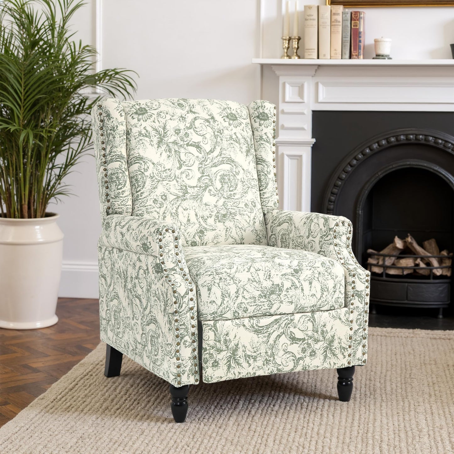 Pushback Recliner Chair, Printed Fabric Wingback Recliner Chair for Living Room, Upholstered Armchair Push Back Recliner with Wood Legs, Rivet Trim Wingback Accent Chair for Bedroom, Navy