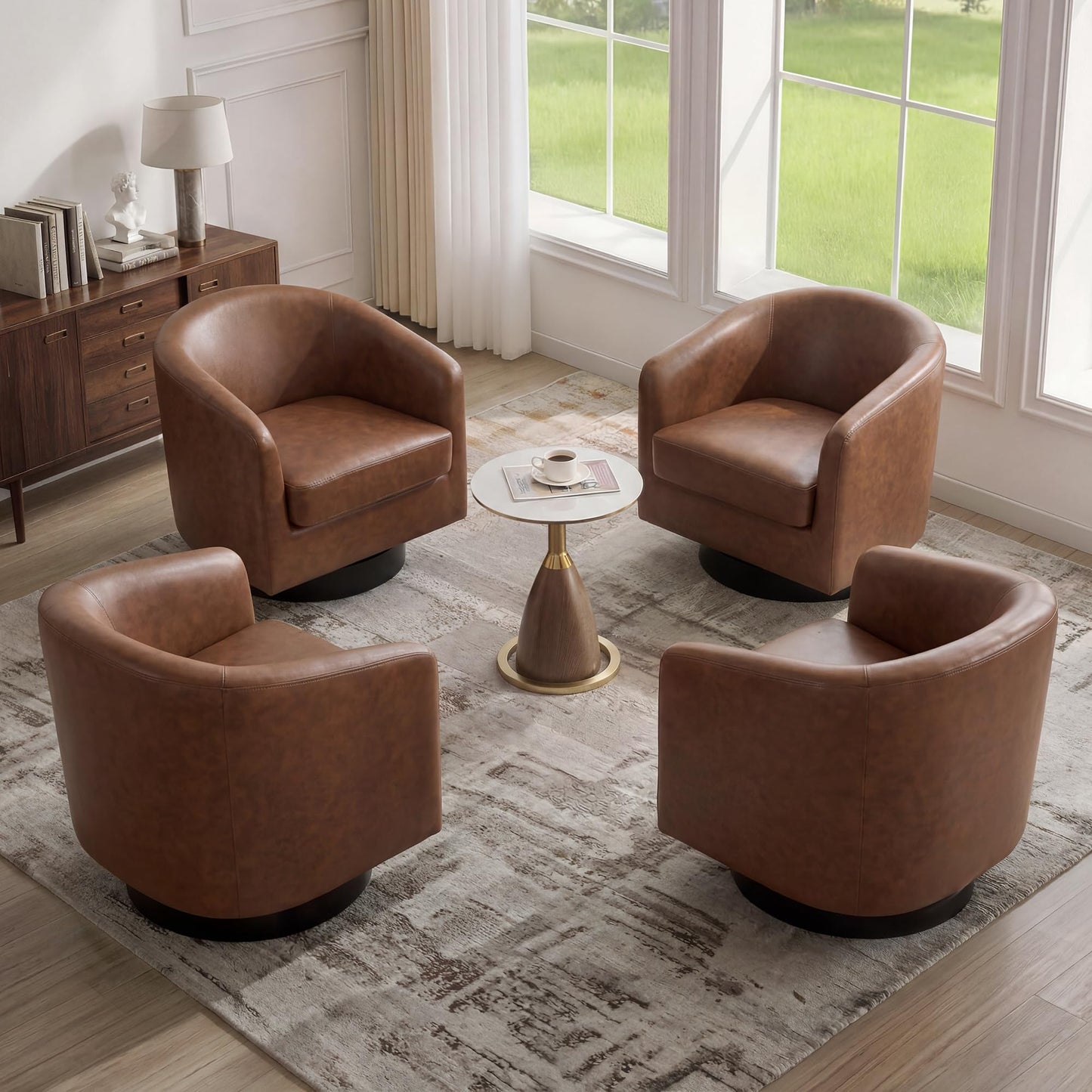 Swivel Barrel Chairs Set of 2, 31" W Modern Faux Leather Round Swivel Accent Chair for Living Room, 360° Rotation Upholstered Armchair Club Chair for Bedroom, Reading Room, Office (Brown)