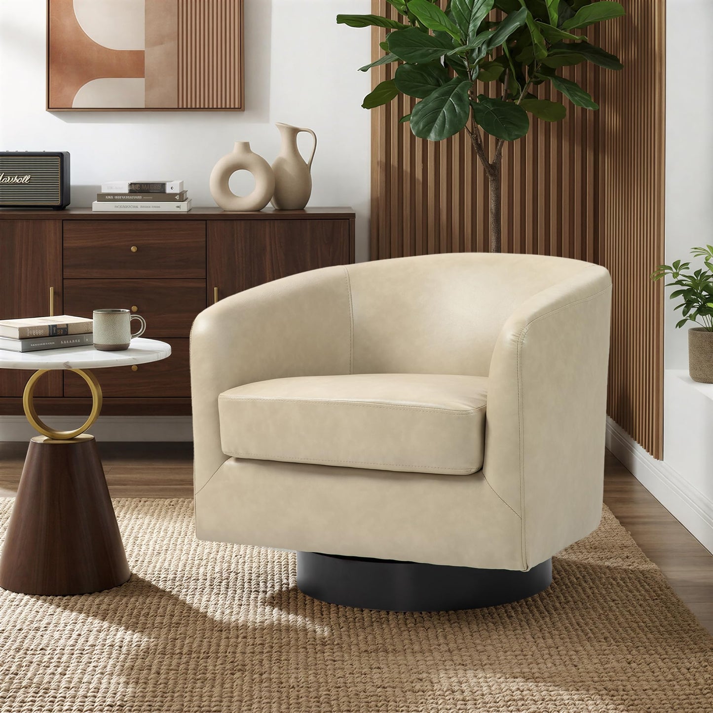 Swivel Barrel Chairs Set of 2, 31" W Modern Faux Leather Round Swivel Accent Chair for Living Room, 360° Rotation Upholstered Armchair Club Chair for Bedroom, Reading Room, Office (Brown)