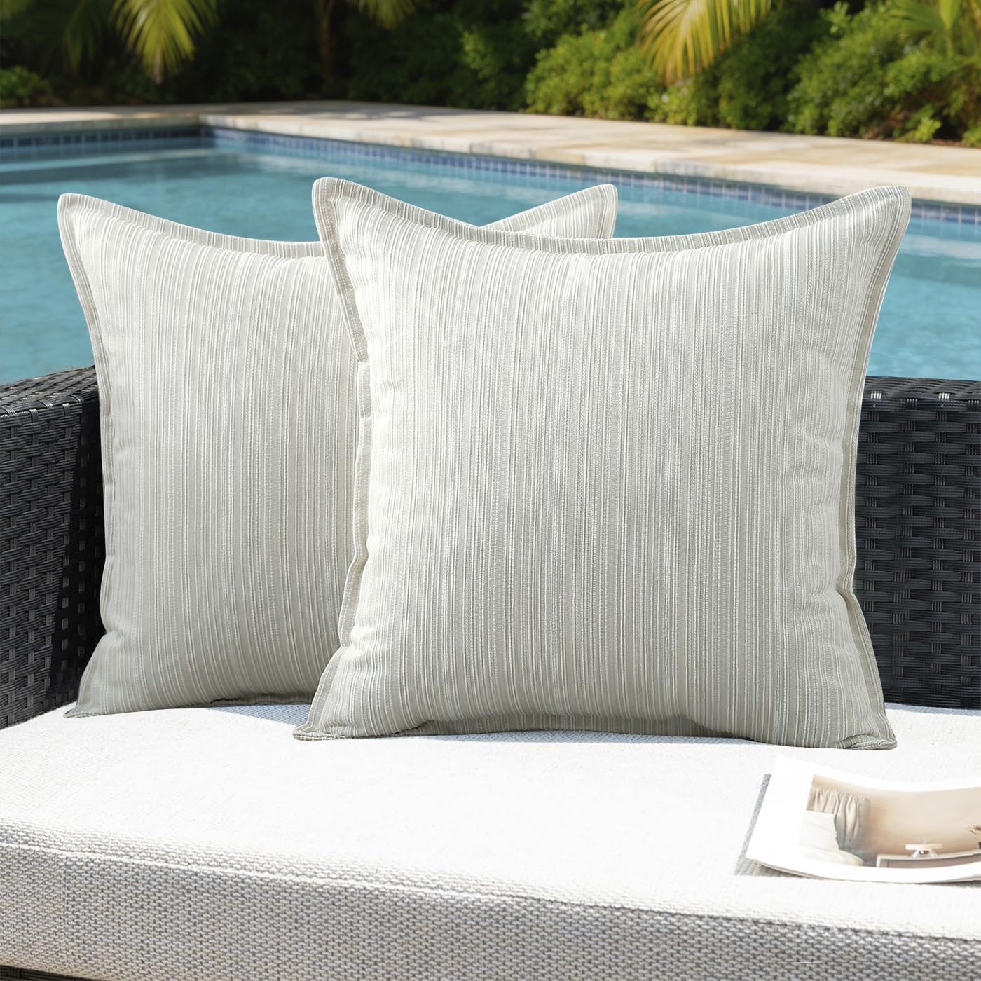 VAKADO Outdoor Waterproof Throw Pillow Covers 18x18 Set of 2,Chenille UV Decorative with Hem Patio Furniture Cushion Cases Decor for Bench Garden Tent Chair Seat Porch Couch,Stripe Beige