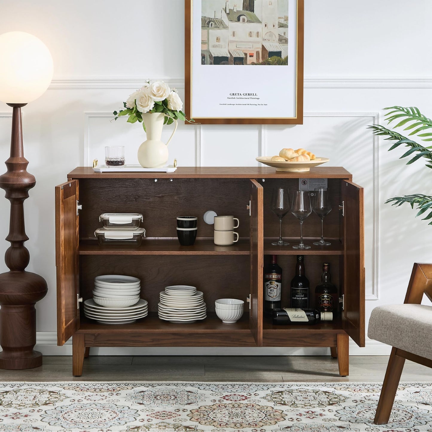 LKTART 40" Sideboard Buffet Accent Storage Cabinet with Carved Pattern Side Board Solid Wood Frame for Kitchen, Living Room, Entryway,Hallway (Blue+Brown)