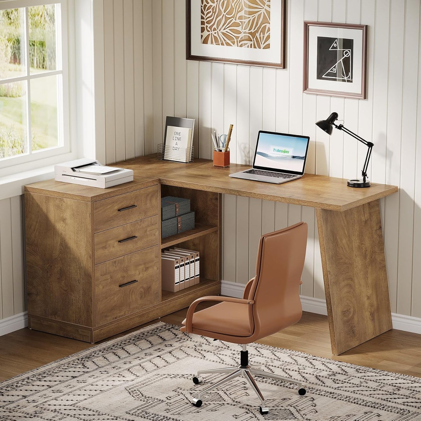 Tribesigns 55-Inch L Shaped Computer Desk with 3 Drawers, Corner Home Office Desk with Storage Shelves, Farmhouse Wood Executive Desk for Work Writing Sturdy, Gaming, Brown