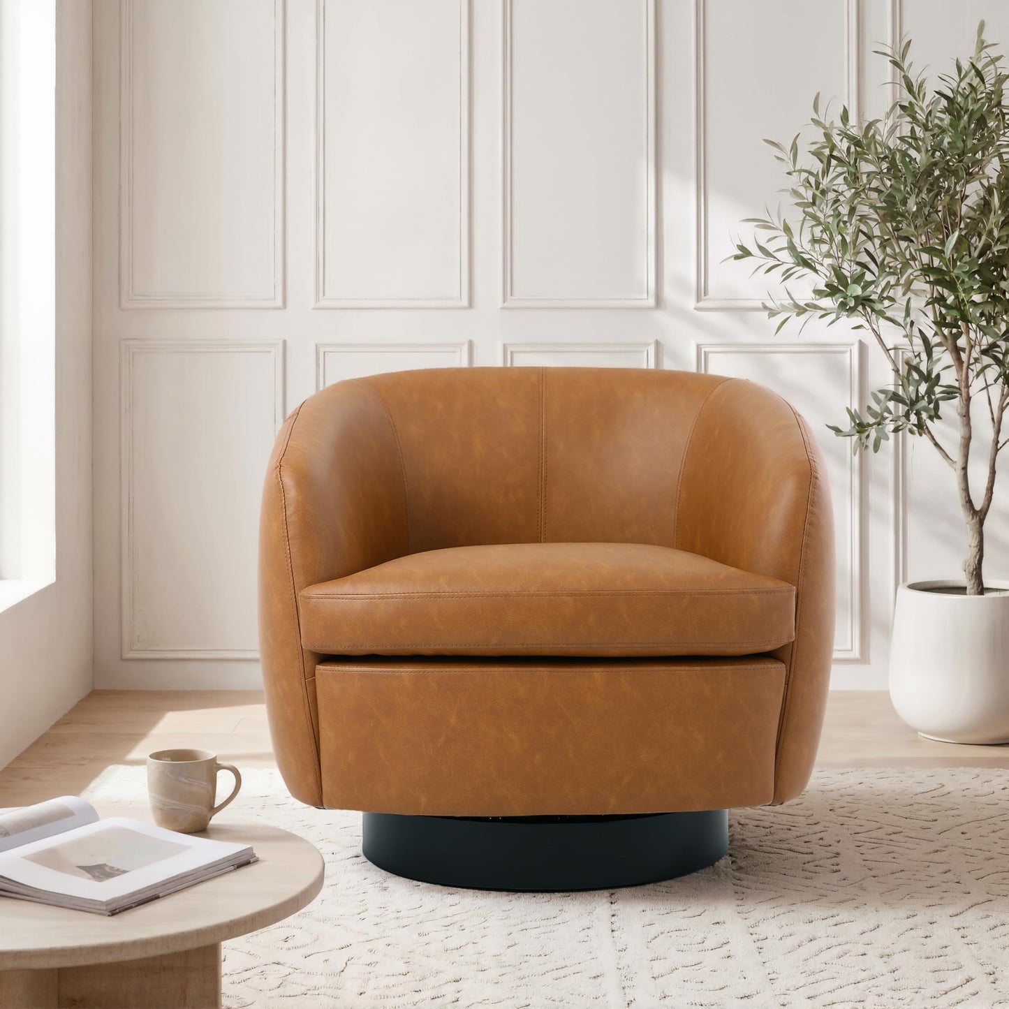 Faux Leather Swivel Barrel Chair, Modern Round Swivel Accent Chair with 360° Rotation, Upholstered Armchair Club Chair for Living Room Bedroom Office (Light Brown)