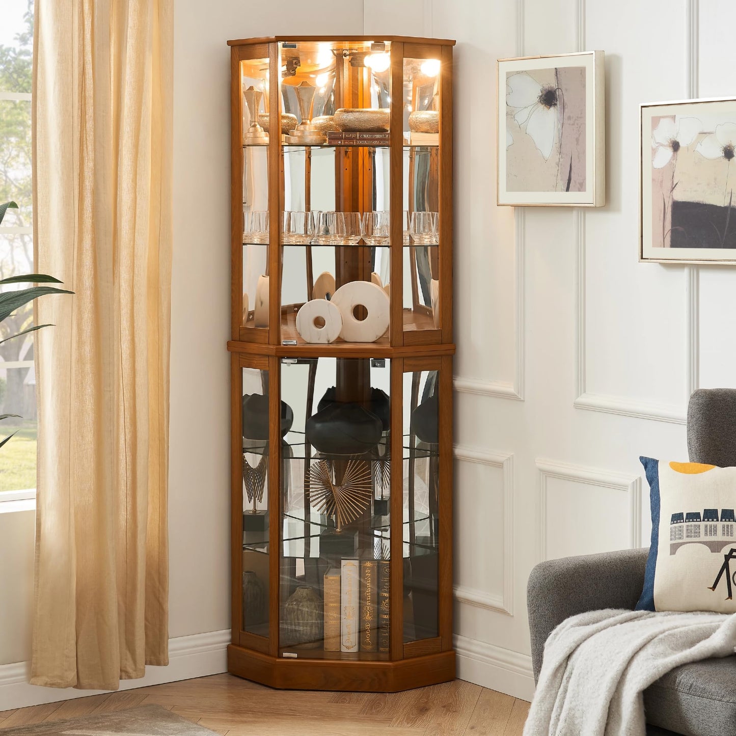 LKTART Corner Curio Cabinet with Lights, Glass Display Cabine, 72" Tall Corner Storage Cabinet with Mirrored Back Panel &Tempered Glass Doors and Adjustable Shelves (Oak)