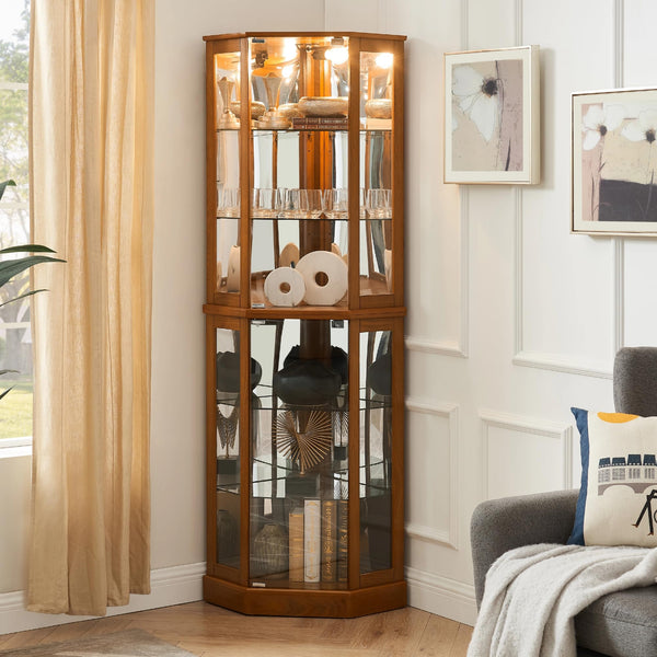 LKTART Corner Curio Cabinet with Lights, Glass Display Cabine, 72" Tall Corner Storage Cabinet with Mirrored Back Panel &Tempered Glass Doors and Adjustable Shelves (Oak)