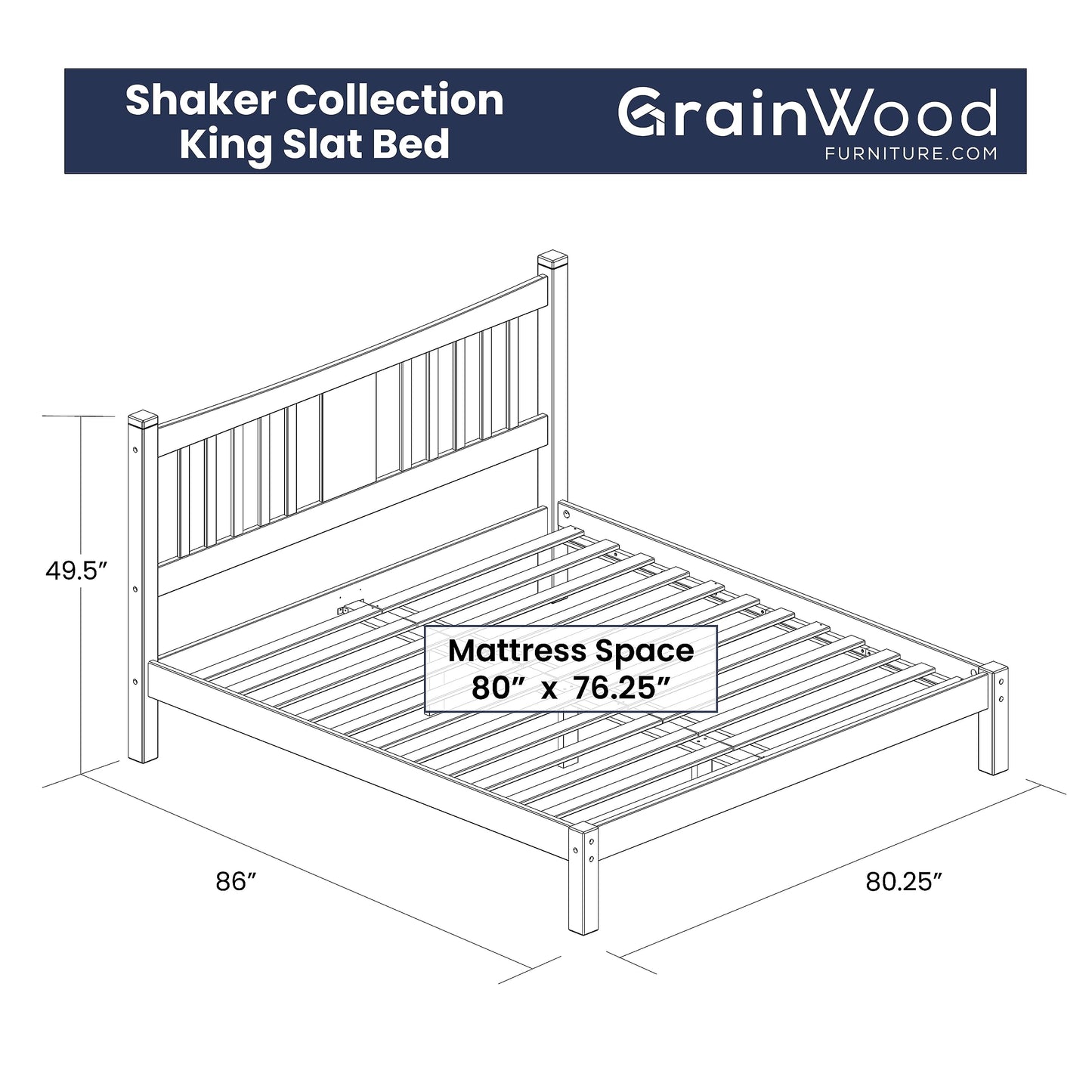 Grain Wood Furniture Shaker Solid Wood Slat Platform Bed, Queen Size, Walnut Finish