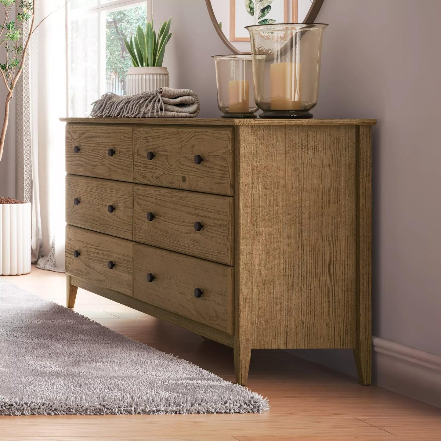 Grain Wood Furniture Greenport 6-Drawer Bedroom Dresser, Solid Wood with a Brushed Walnut Finish