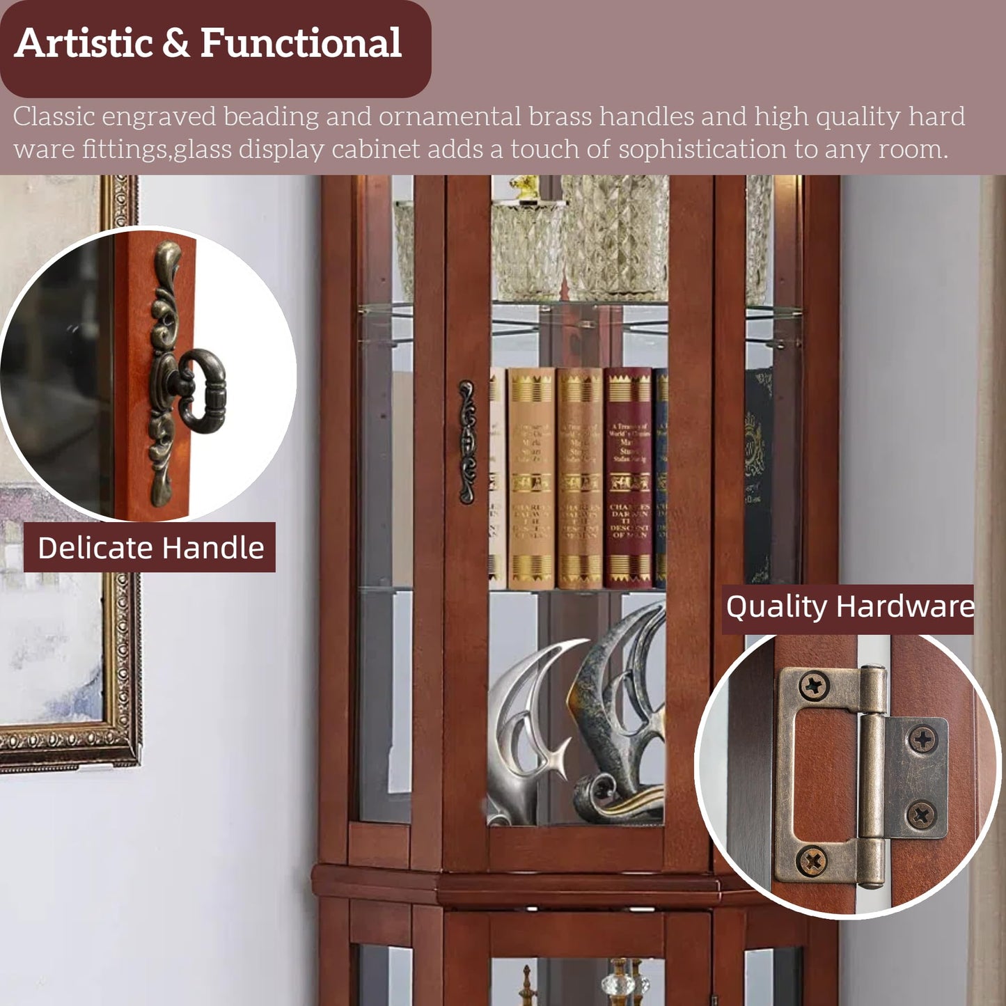 LKTART Curio Glass Display Cabinet, 70" Tall Corner Storage Cabinet with Lights and Mirrored Back Panel,China Cabinet with Tempered Glass Doors and Shelves(Walnut)