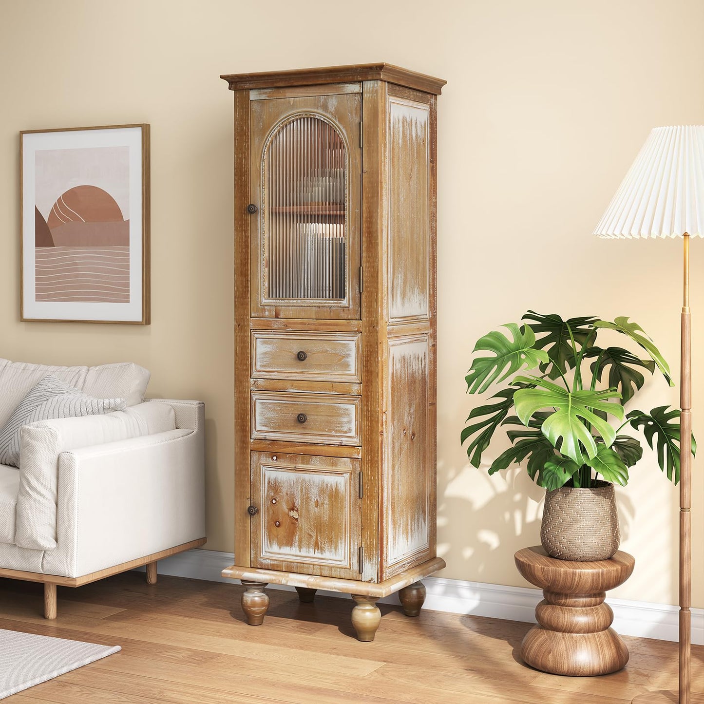 LKTART KTART 55'' Tall Kitchen Pantry Cupboard Storage Cabinet with Shelves & Drawer,French Country Accent Cabinet with Embossed Floral Metal Doors and Solid Wood Frame,Natural Wood