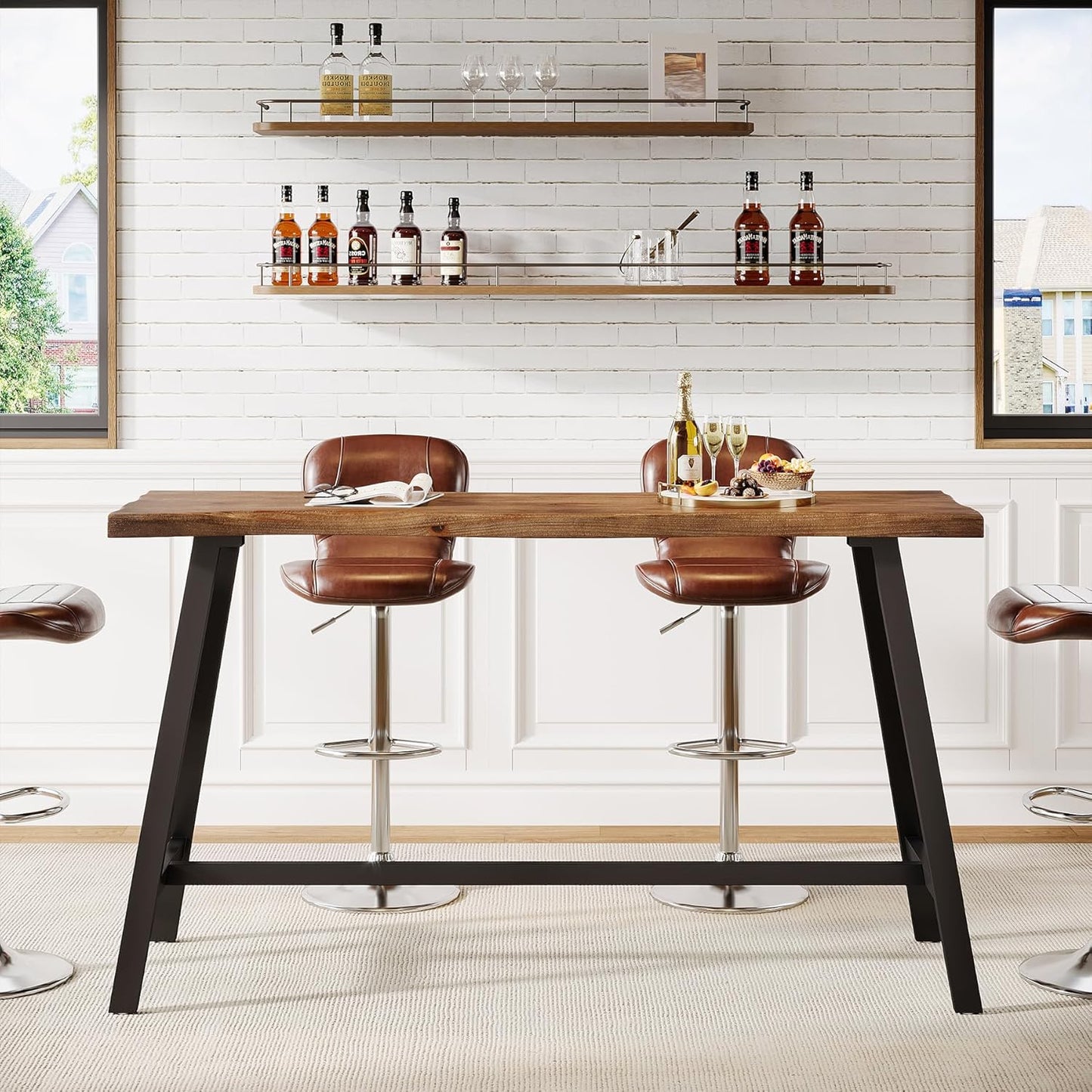 Solid Wood Bar Table, 55-Inch Counter Height Pub Table with Sturdy Metal Frame, Industrial Narrow Bar Table for Pub Kitchen Living Room, Rustic Brown