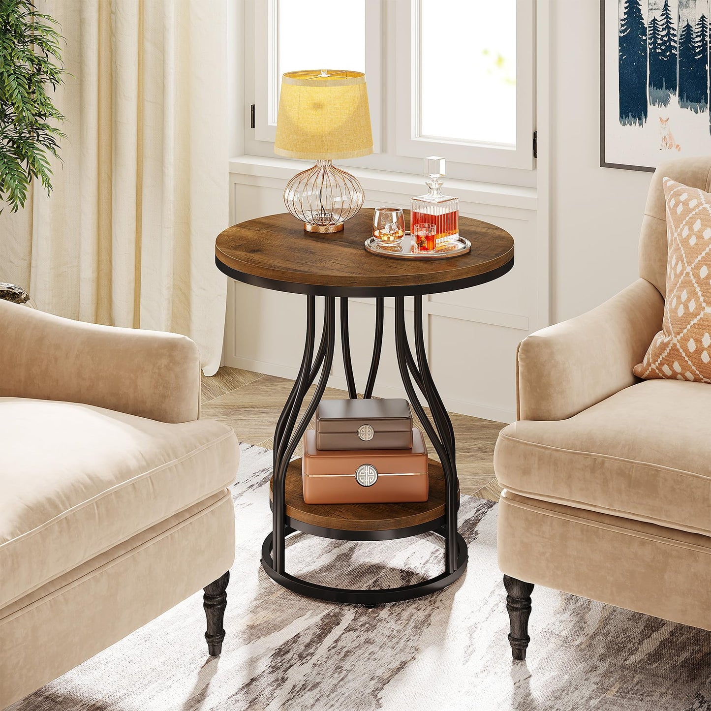 Tribesigns Round Side End Table 2-Tier End Tables Modern Bedside Table Small Chairside Tables with Storage for Couch Side, Nightstand with Metal Frame for Living Room (1, White+Gold)