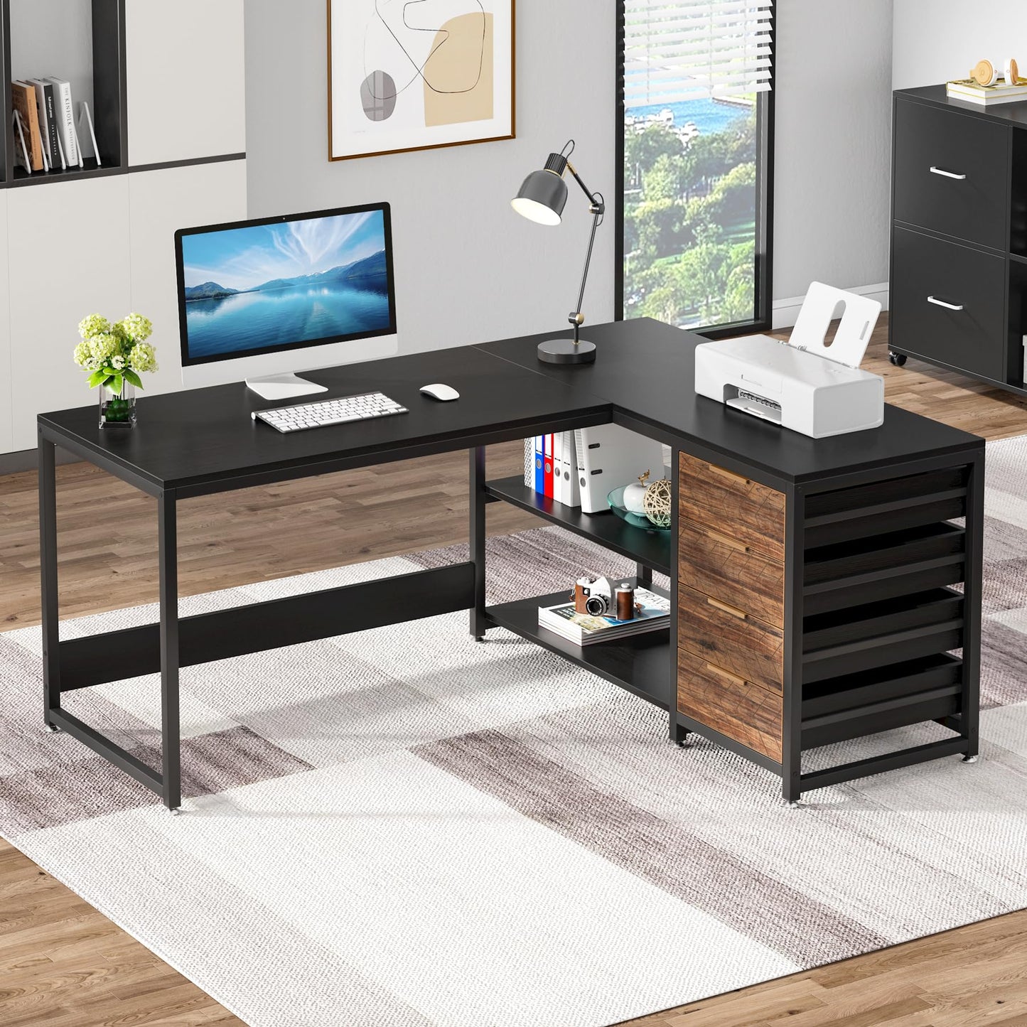 Tribesigns L Shaped Computer Desk with Storage Drawers, 59 inch Corner Desk with Shelves, Reversible L-Shaped Office Desk Study Writing Table Workstation for Home Office, Walnut & White