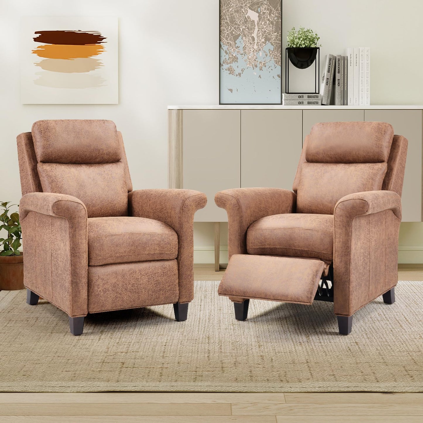 IOMOR Push Back Recliner Chair, Faux Leather Lounge Armchair with Footrest, Decoration Single Sofa Accent Chair for Living Room, Bedroom, Small Spaces (1, L-Brown)