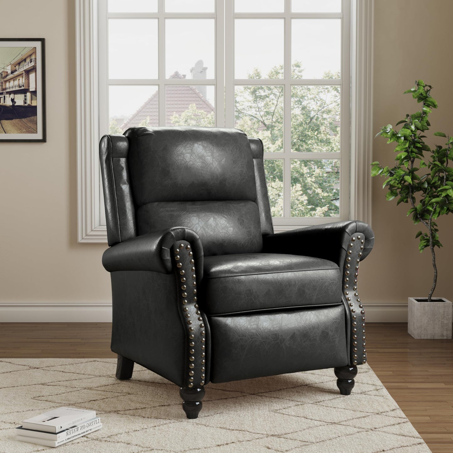Pushback Recliner Chairs Set of 2, Comfy Fabric Wingback Recliner Chair, Upholstered Armchair Push Back Recliner with Wood Legs, Rivet Trim Accent Chair for Living Room, Bedroom, Blue Stripe