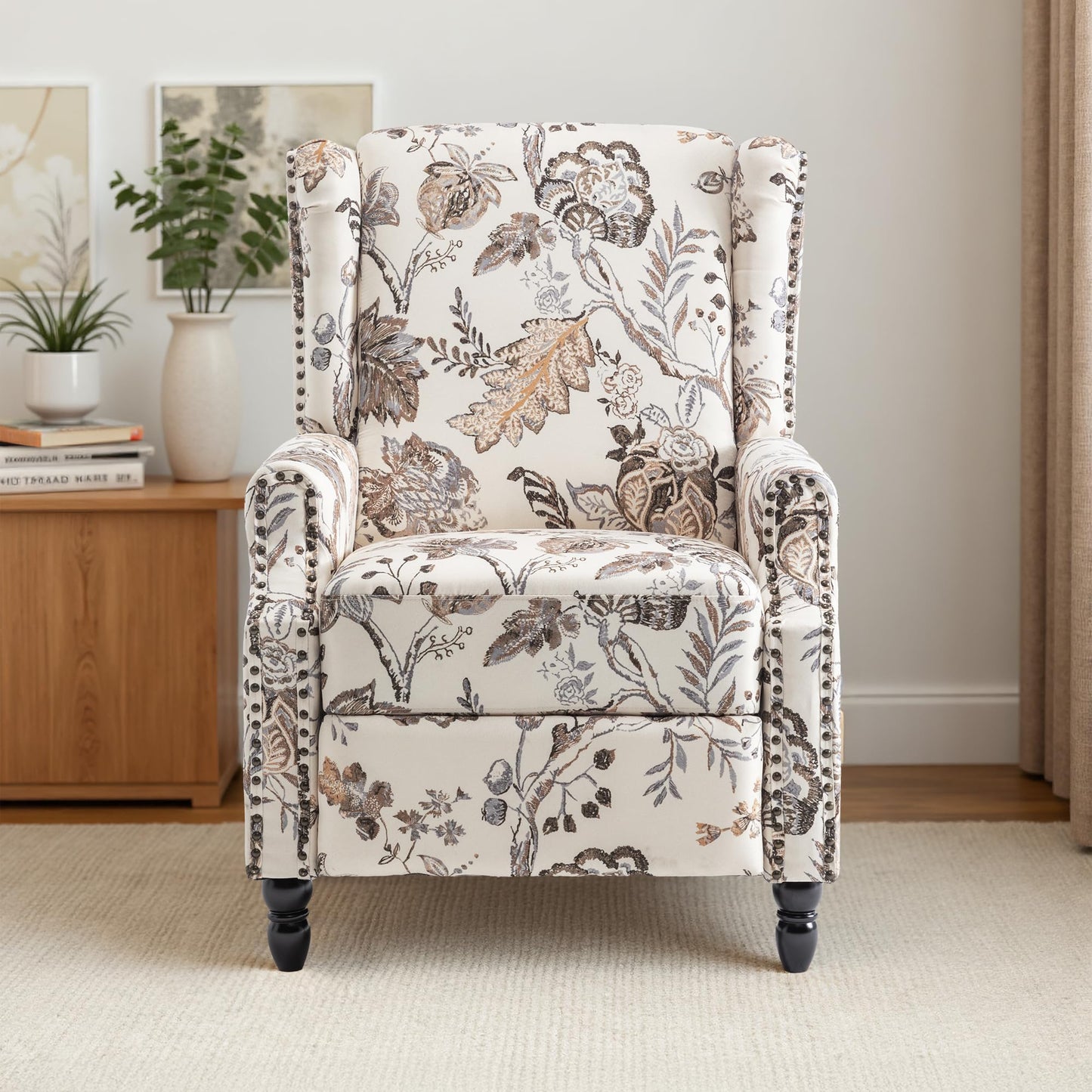 Pushback Recliner Chair, Printed Fabric Wingback Recliner Chair for Living Room, Upholstered Armchair Push Back Recliner with Wood Legs, Rivet Trim Wingback Accent Chair for Bedroom, Navy