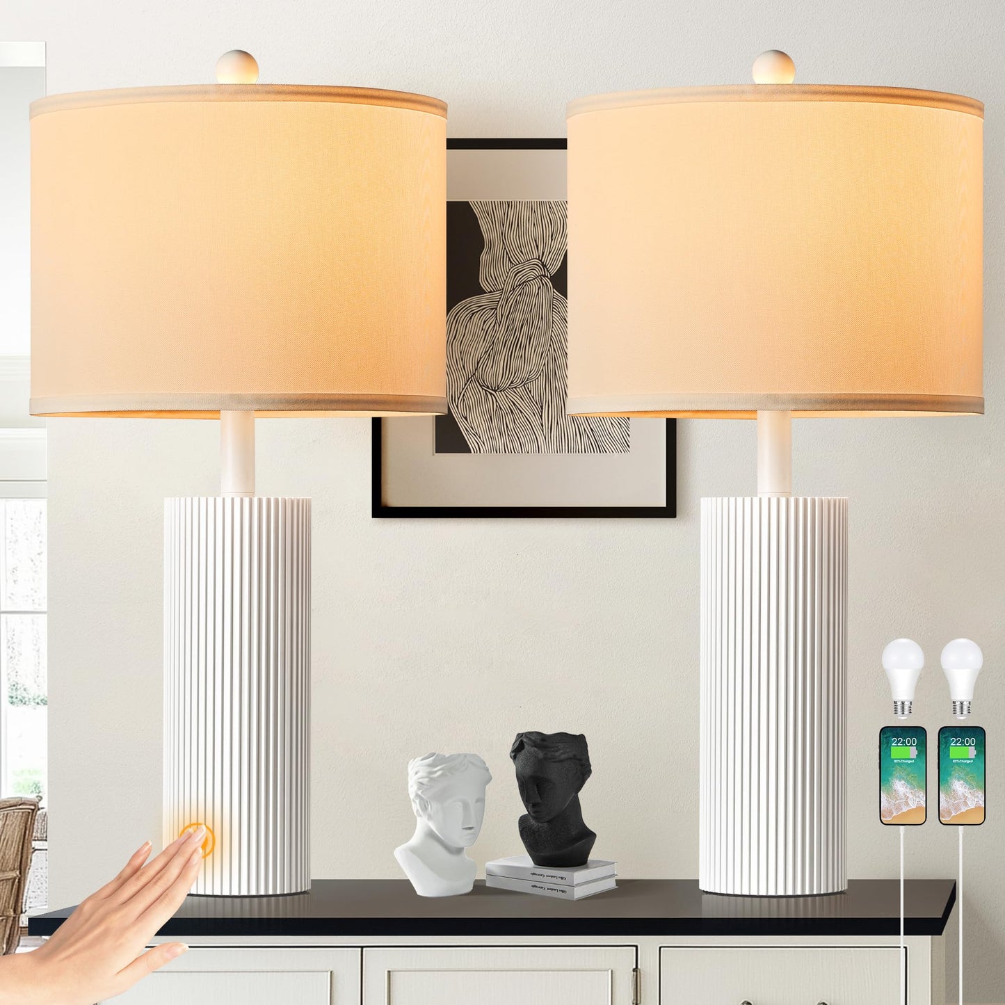 24.5" Black Lamps Set of 2, Modern Table Lamps for Living Room with USB C+A Ports, Creative Stripe Touch Lamps for Nightstand, 2 Bulbs Included