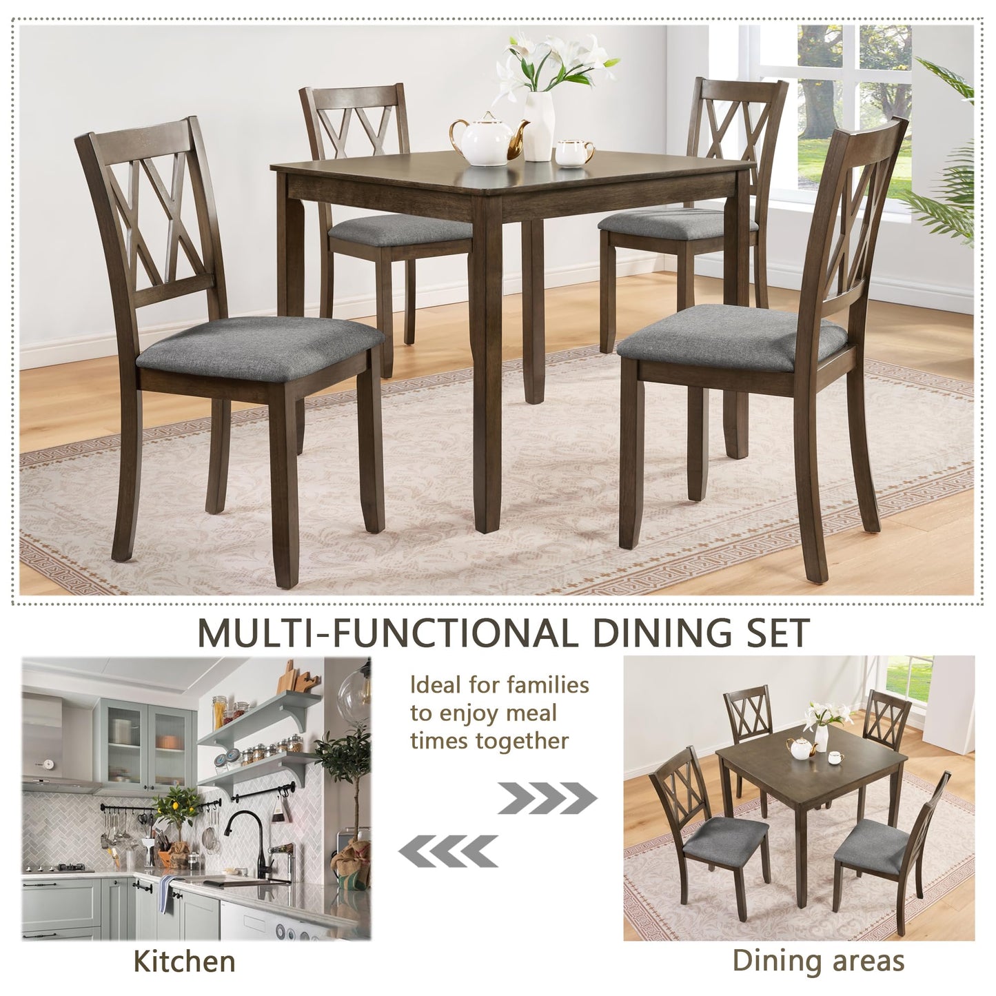 LKTART 5-Piece Kitchen & Dining Room Table and Chairs Sets,Small Square Kitchen Table with 4 Upholstered XX-Shaped Backrest Chairs,Walnut