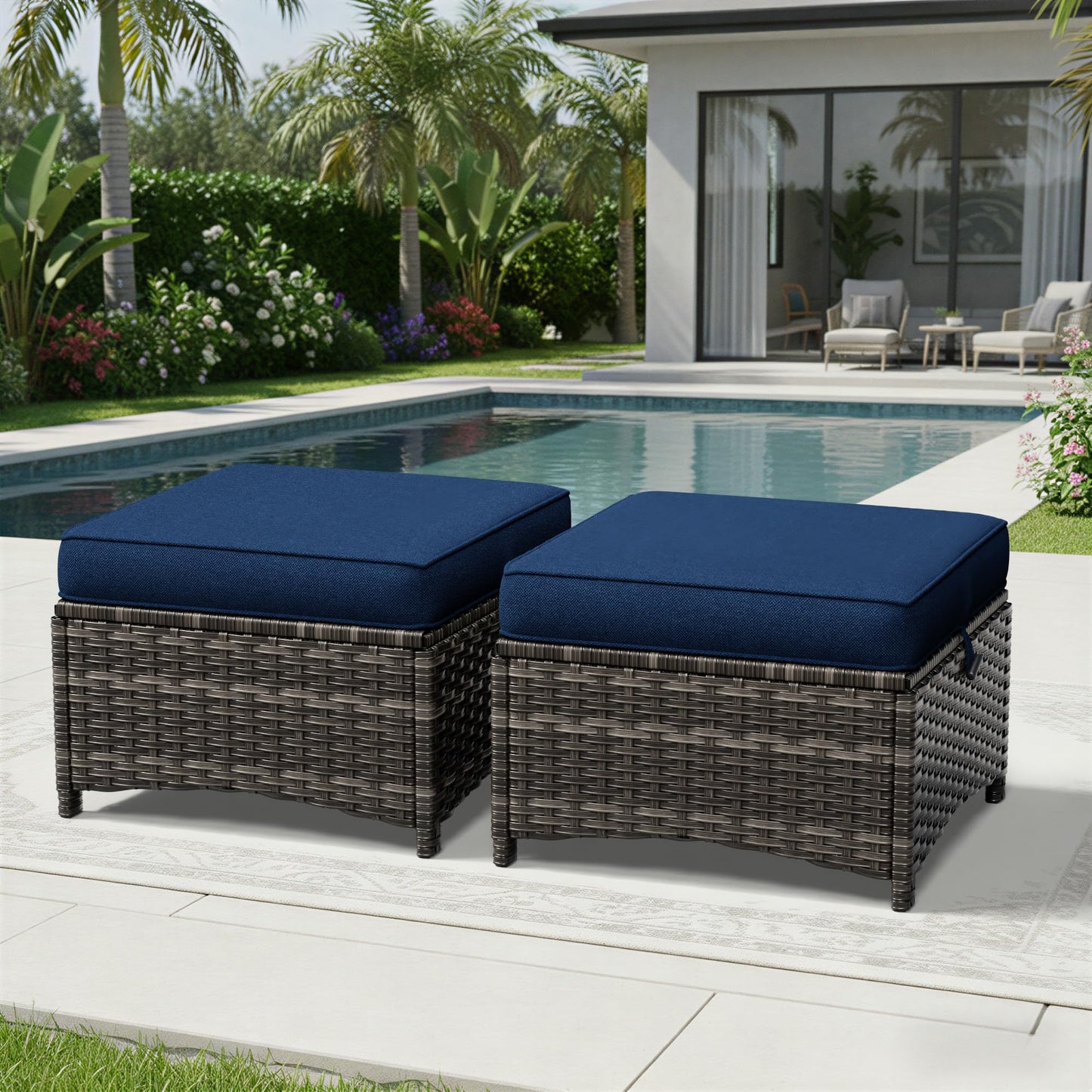 Joyside Outdoor Ottoman Set of 2, Patio Large Ottoman Foot Rest with Thickened Cushions, Outdoor Wicker Foot Stool for Porch, Deck Use