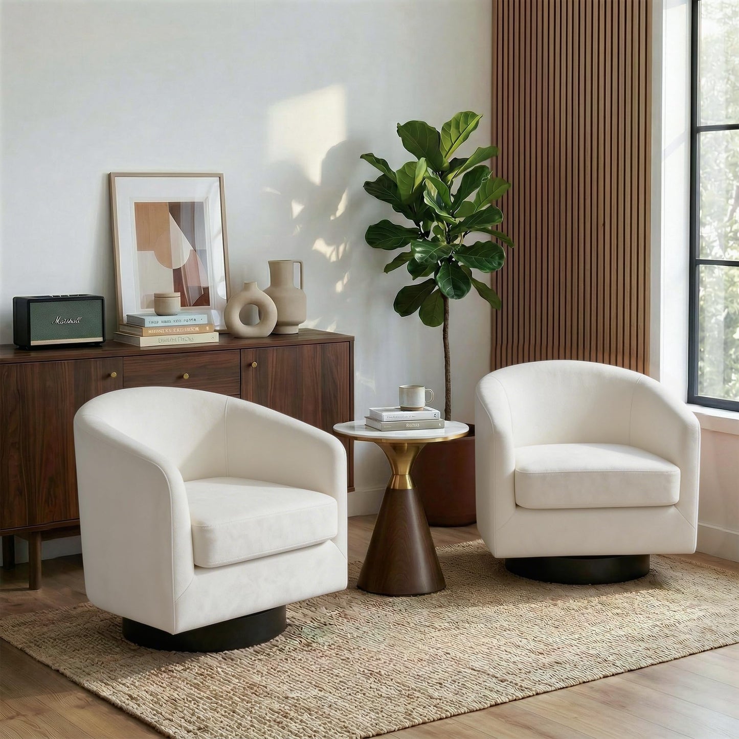 Swivel Barrel Chairs Set of 2, 31" W Modern Faux Leather Round Swivel Accent Chair for Living Room, 360° Rotation Upholstered Armchair Club Chair for Bedroom, Reading Room, Office (Brown)