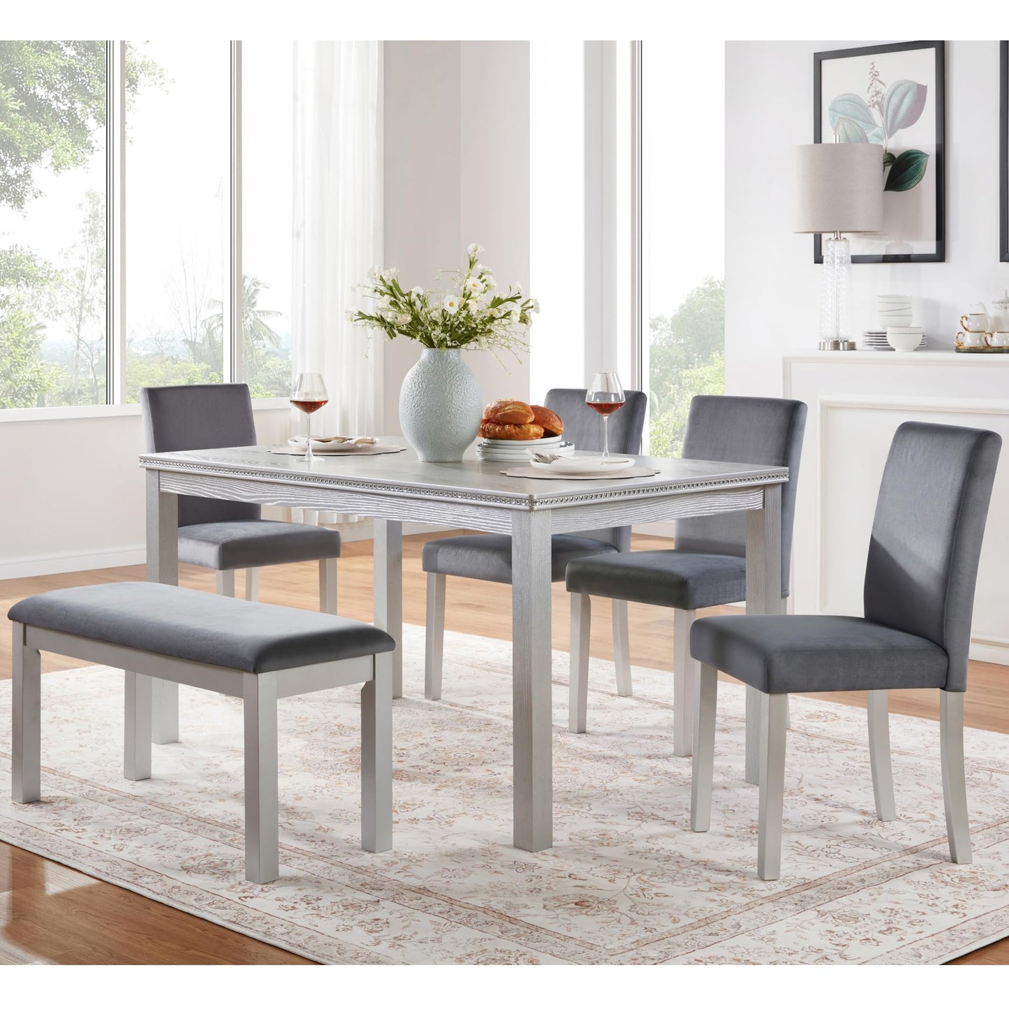 LKTART 6 Piece Kitchen Dining Set, 58.5" Rectangular Wooden Dinner Table with 4 Upholstered Chairs and a Bench for Living Room, Home Bar and Kitchen, Walnut