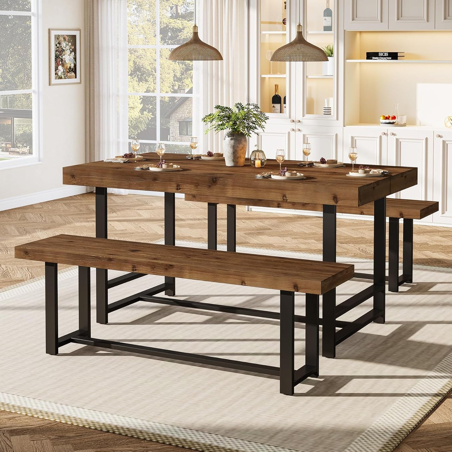 Solid Wood Dining Table Set for 4-6, 55.12" Industrial Farmhouse Kithcen Table with 2 Benches, Space Saving 3-Piece Rectangle Dinette Set & Chairs for Dining Room, Breakfast Nook, Small Space