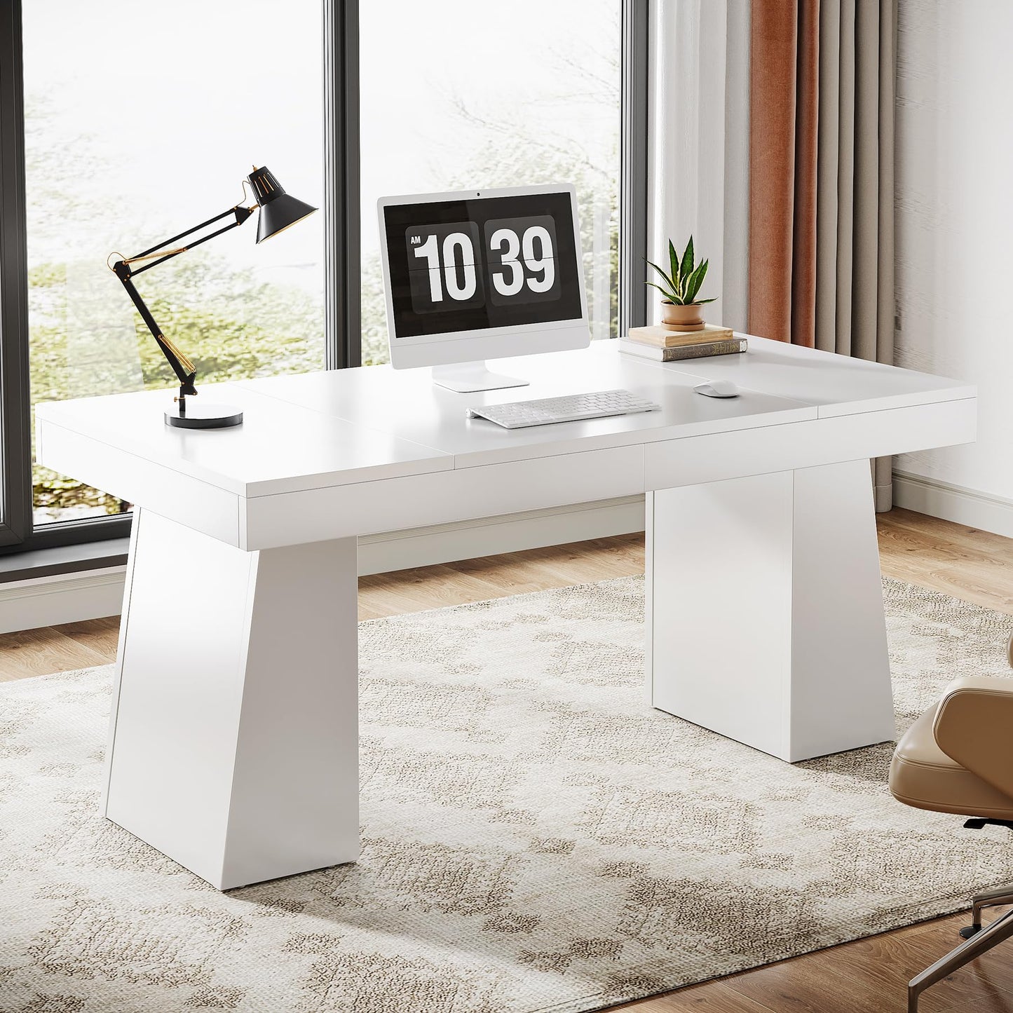 Tribesigns 55 Inches Executive Desk, Mid-Century Modern Home Office Desk, Wood MDF Computer Table Business Workstation Small Conference Table, Light Brown