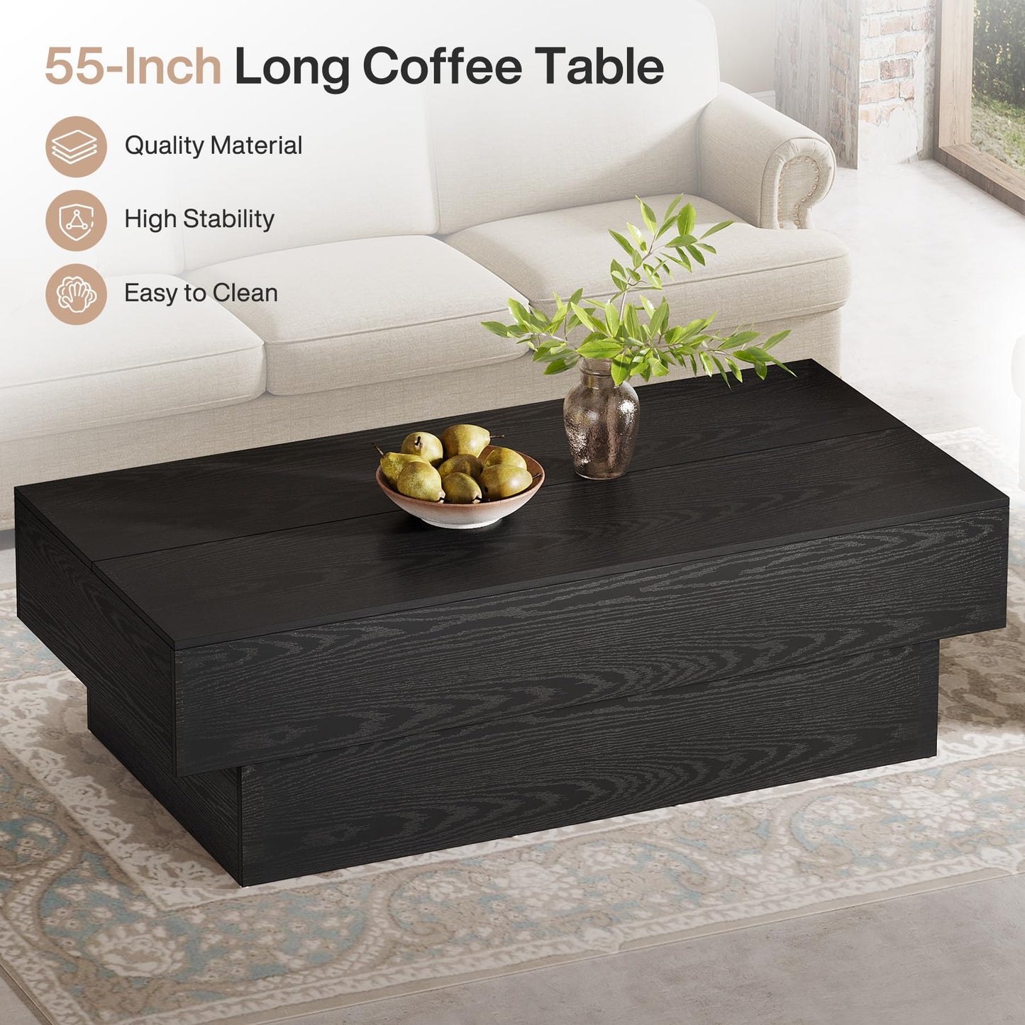 Tribesigns Modern Black Coffee Table, 55-Inch Rectangle Wooden Tea Table, Large Center Table for Living Room, Reception Room