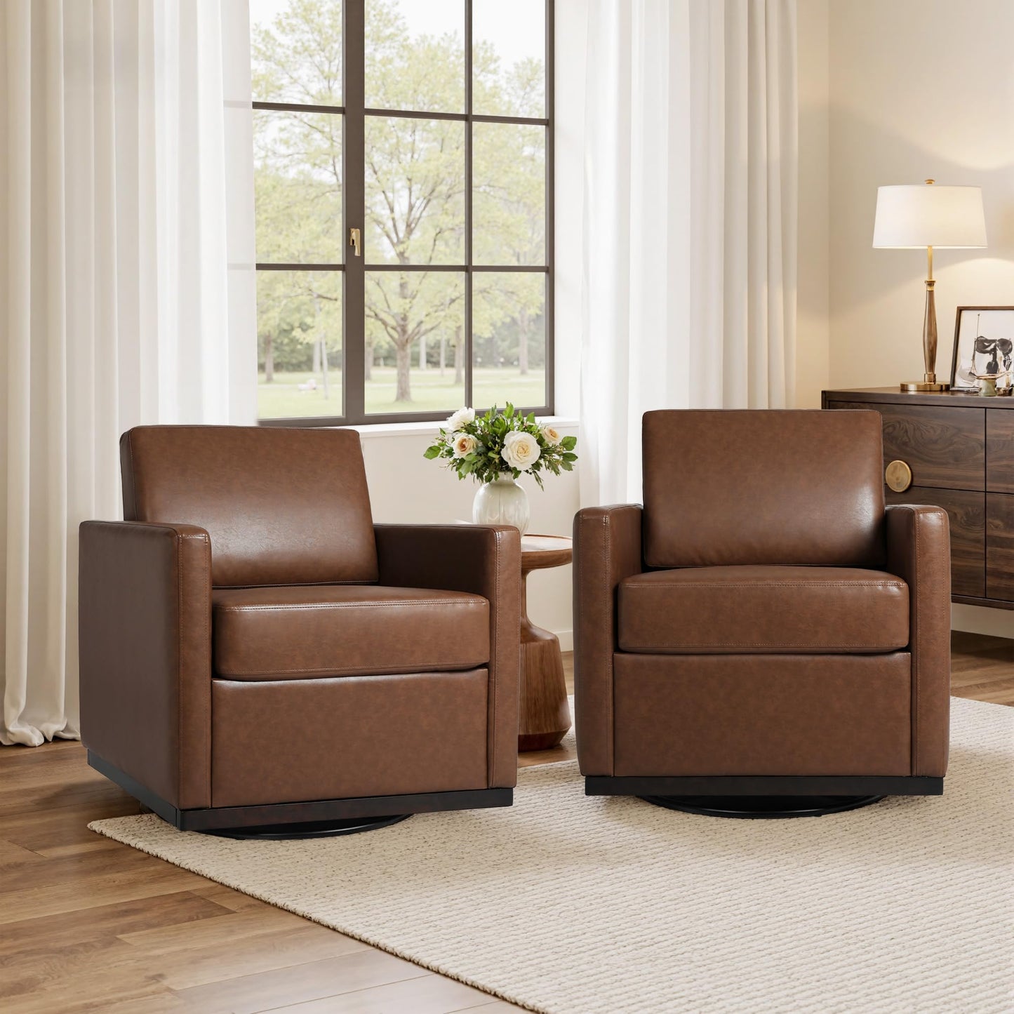 Faux Leather Swivel Accent Chairs Set of 2, 360° Swivel Upholstered Club Armchairs for Living Room, 31" Wide Square Single Sofa Reading Chair with Deep Seat, Metal Swivel Base, Navy