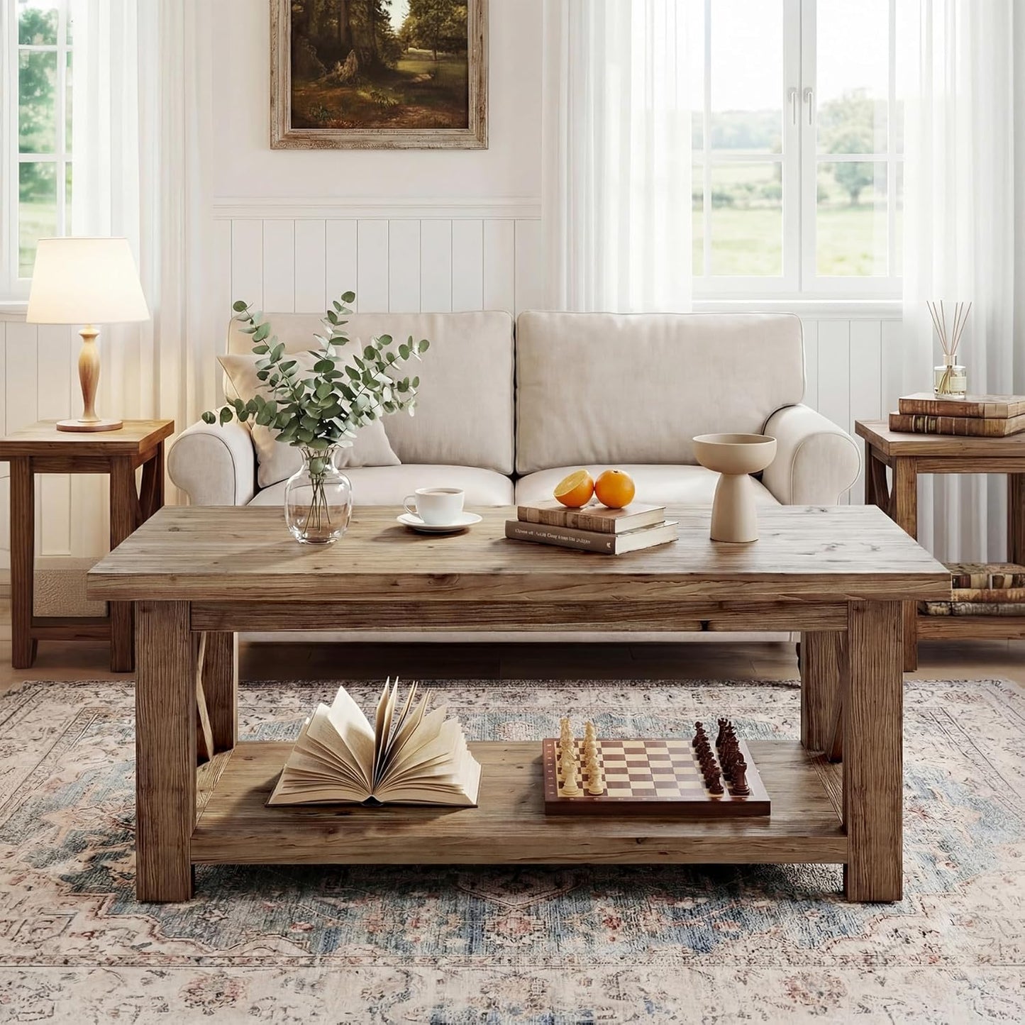 Solid Wood Coffee Table with X-Frame Side, 2-Tier Farmhouse Rectangular Center Table for Living Room, Accent Cocktail Tea Table with Storage, Brown