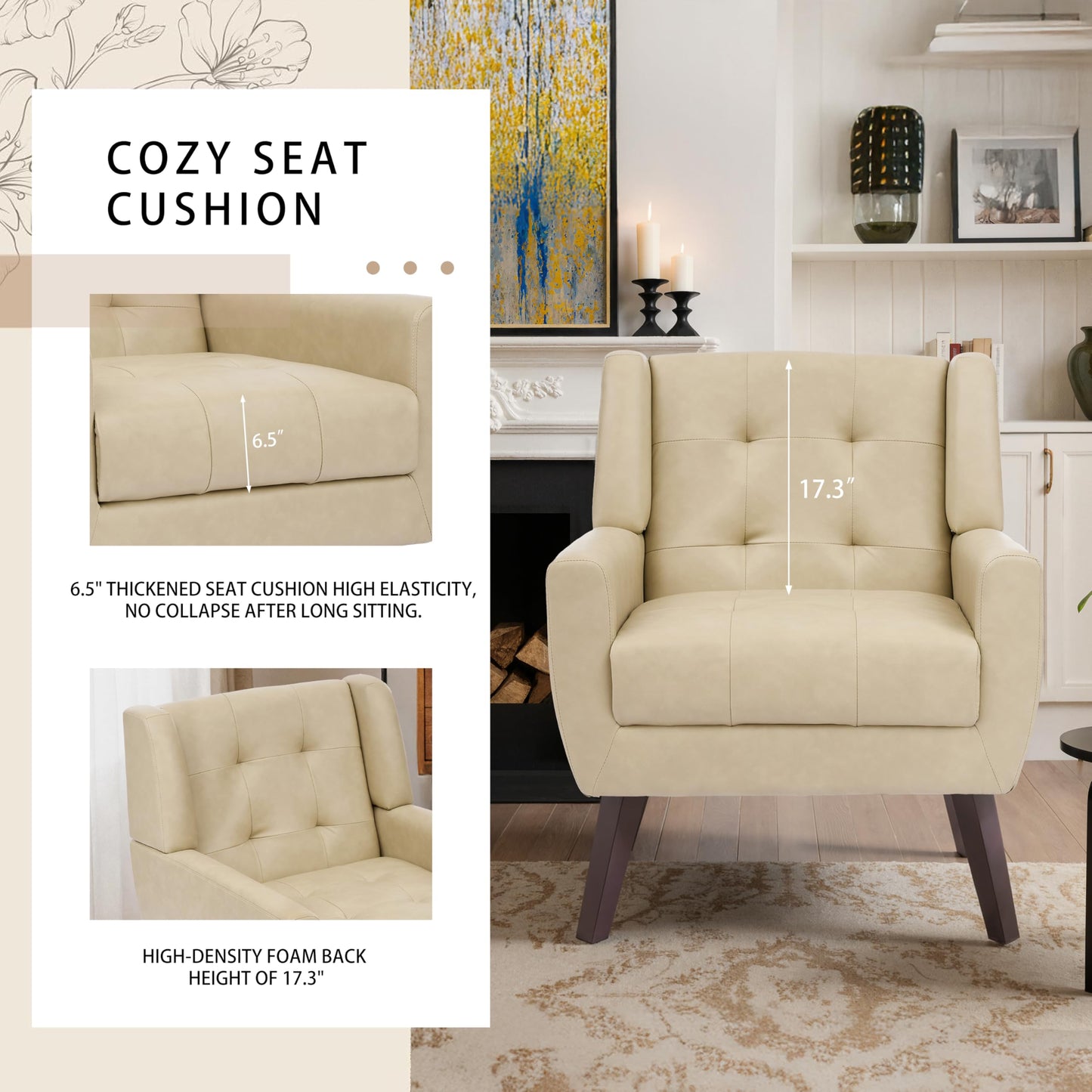 Faux Leather Accent Chairs Set of 2, Mid-Century Modern Upholstered Armchair, Comfy Living Room Chairs Reading Chairs with Button Tufted Back & Solid Wood Legs for Bedroom, Office, Black