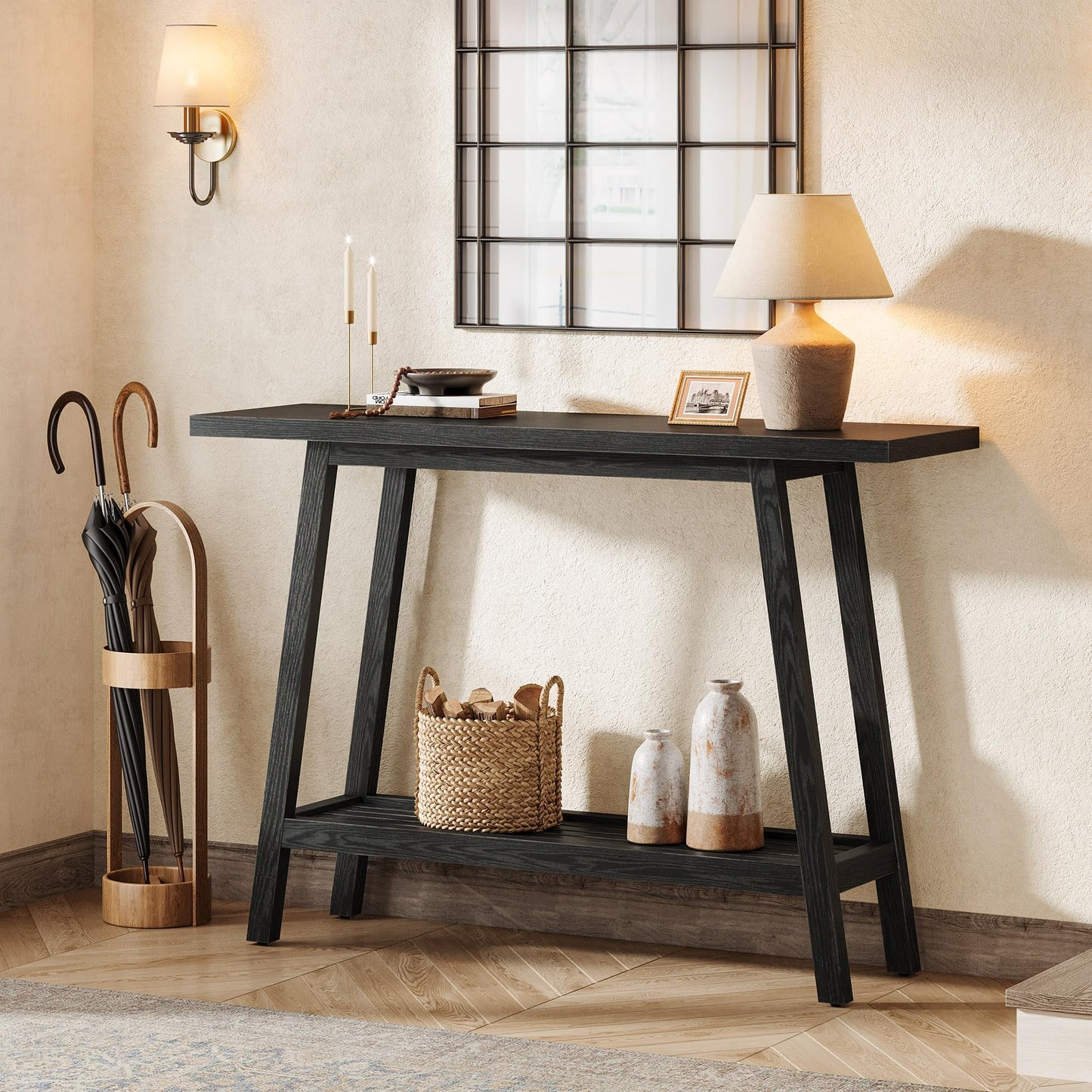 Solid Wood Console Table, 41.3" Rustic Entryway Table with Storage Shelf, 2 Tiers Narrow Skinny Couch Table Behind Sofa for Hallway, Entrance, Foyer, Living Room, Brown (Brown)