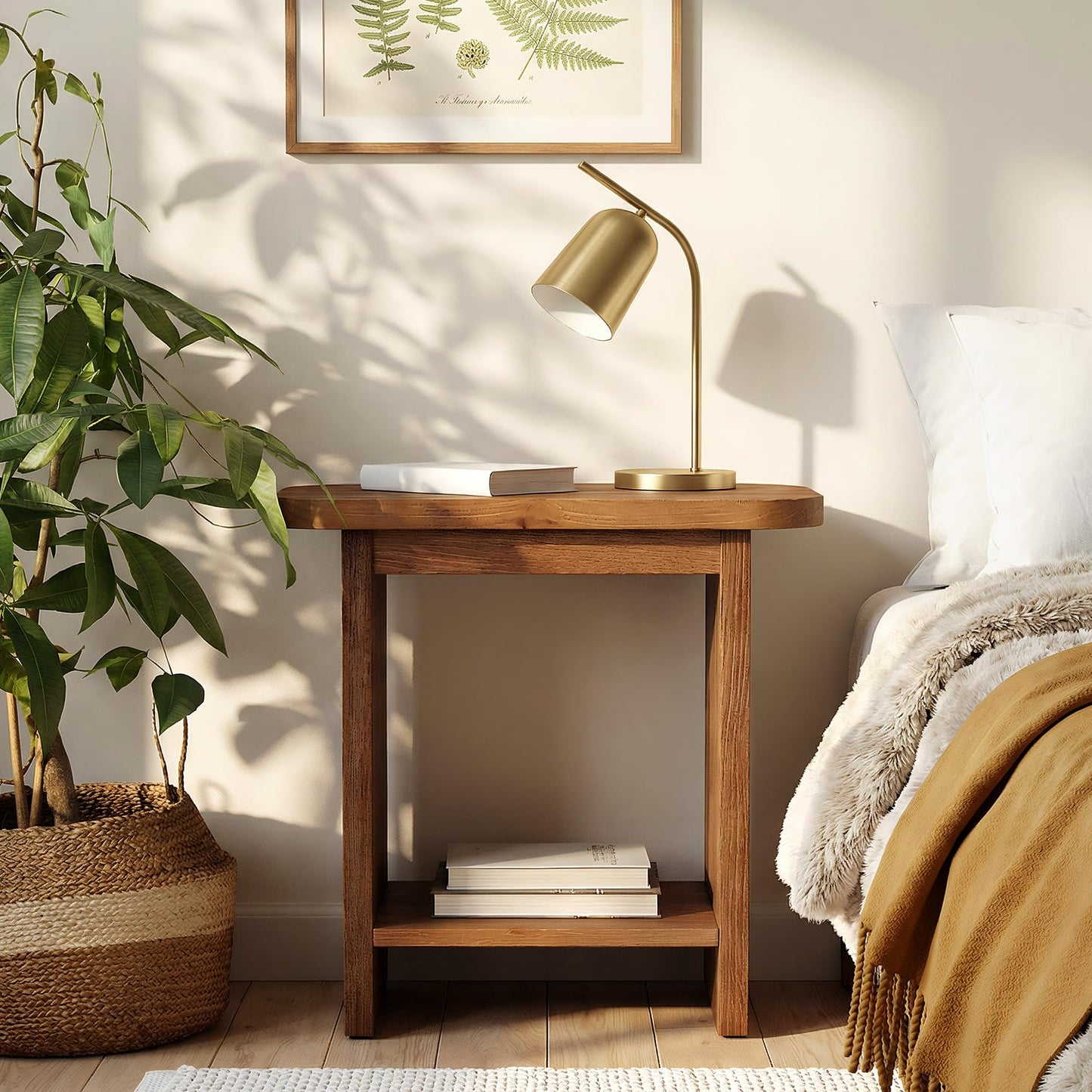 Genuine Solid Wood Side Table Set of 2, H-Shaped 2-Tier End Table with Storage Shelf, Farmhouse Narrow Nightstand for Living Room, Bedroom, Couch & Armchair (2 Products)
