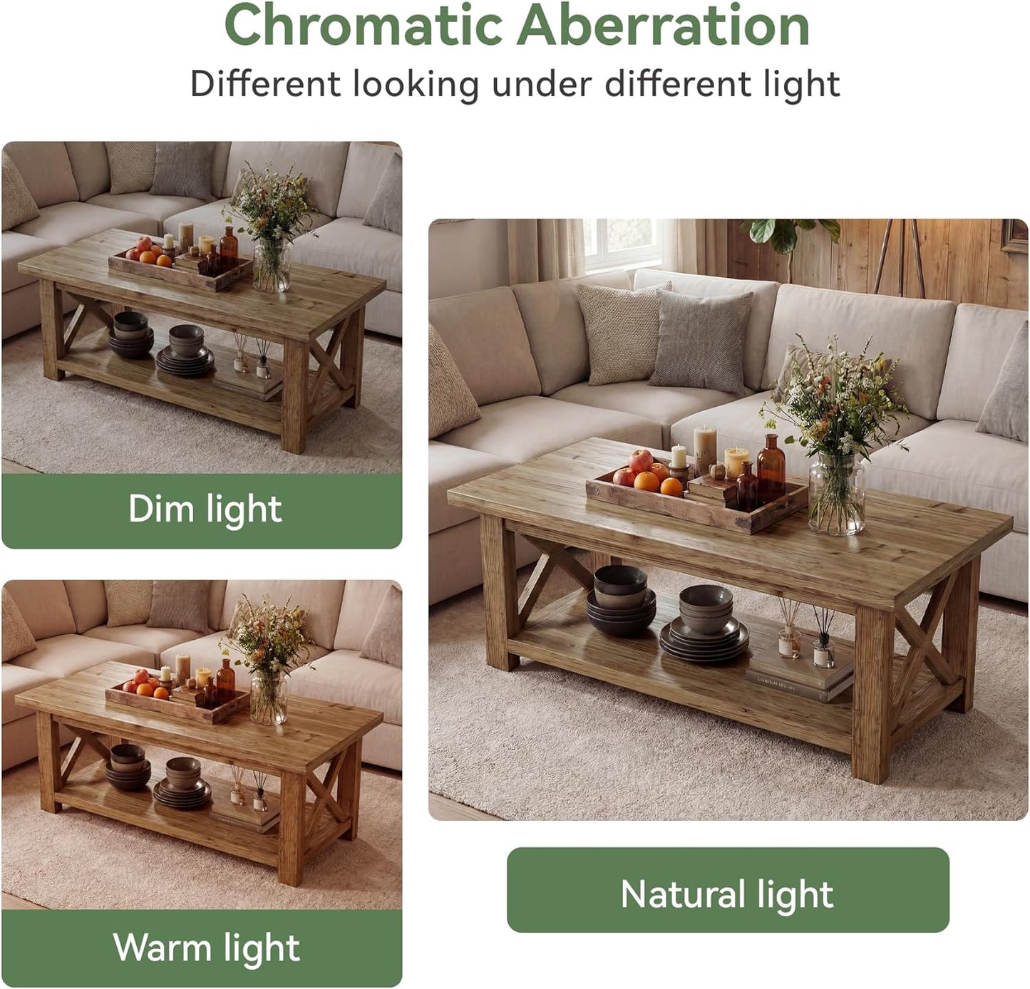 Solid Wood Coffee Table with X-Frame Side, 2-Tier Farmhouse Rectangular Center Table for Living Room, Accent Cocktail Tea Table with Storage, Brown