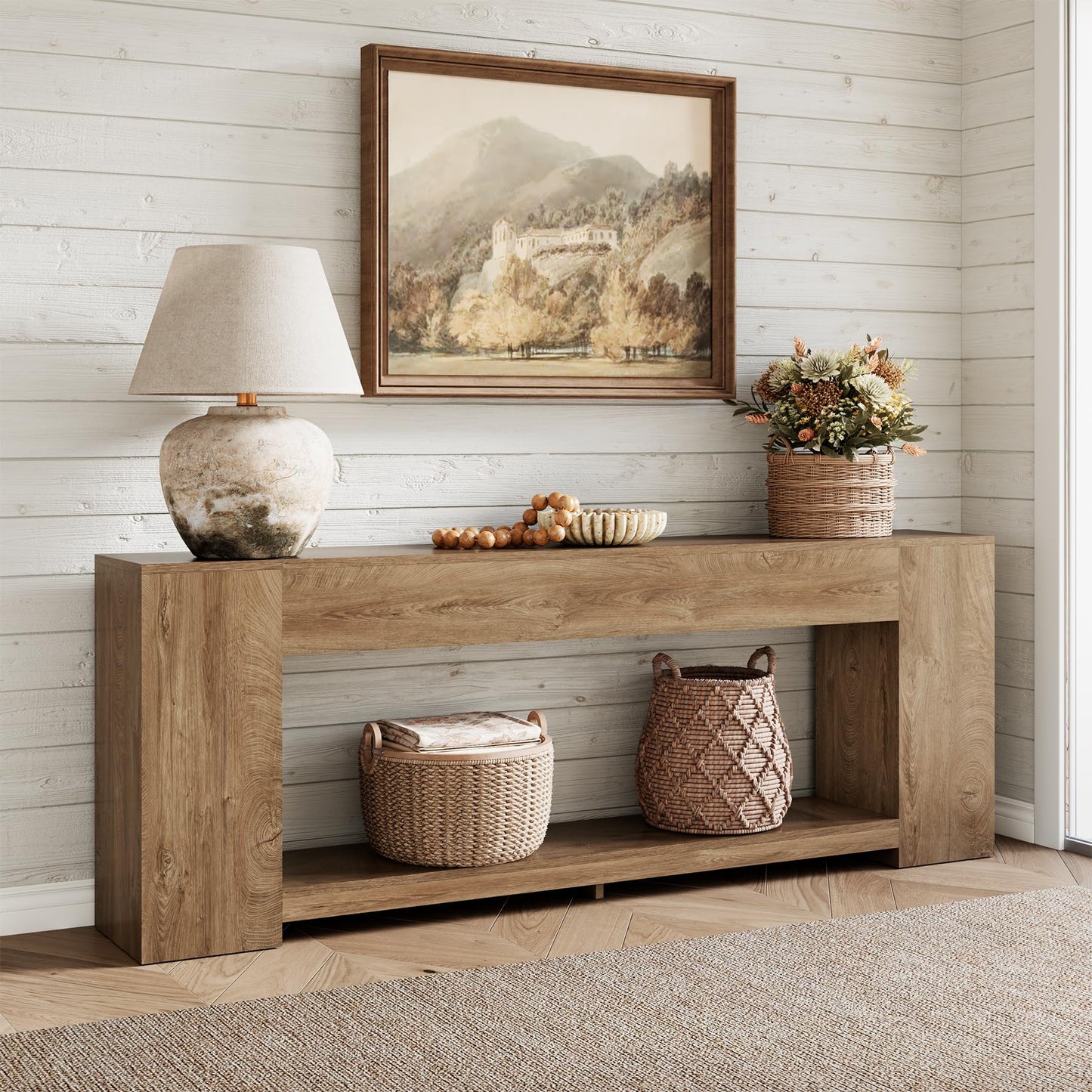 Epecoya 86-Inch Extra Long Console Table for Entryway, Farmhouse Sofa Table Behind Couch Wooden, 2-Tier Entry Console Tables with Storage for Entrance, Living Room, Natural Oak Brown