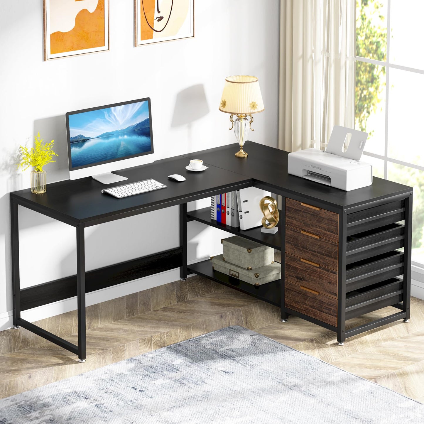 Tribesigns L Shaped Computer Desk with Storage Drawers, 59 inch Corner Desk with Shelves, Reversible L-Shaped Office Desk Study Writing Table Workstation for Home Office, Walnut & White