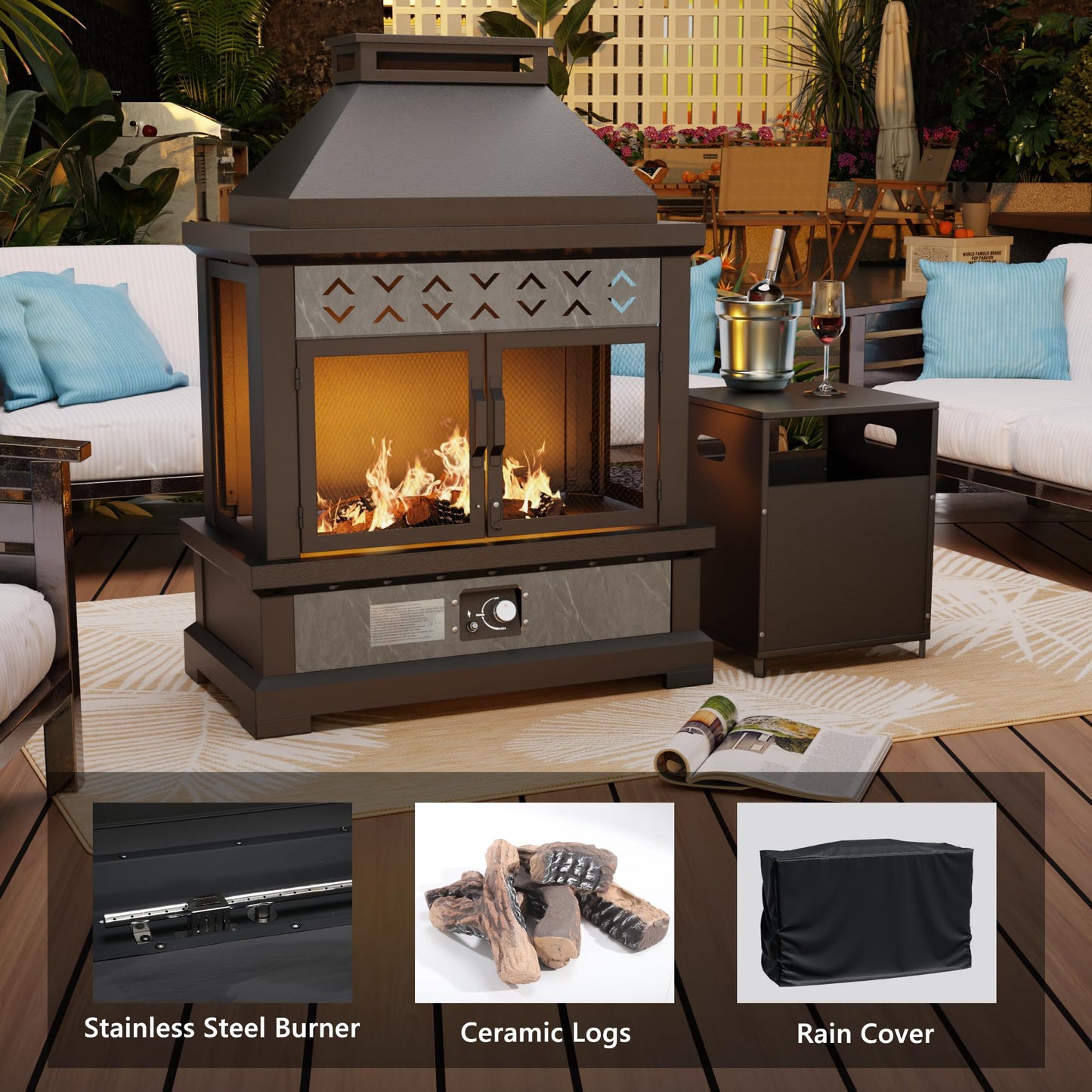 47.3''x35.5'' Outdoor Propane Fireplace, 50,000 BTU Vent-Free Gas Heater, CSA Certified Grey & Black Weather-Resistant Steel, Realistic Ceramic Logs, Rain Cover Included