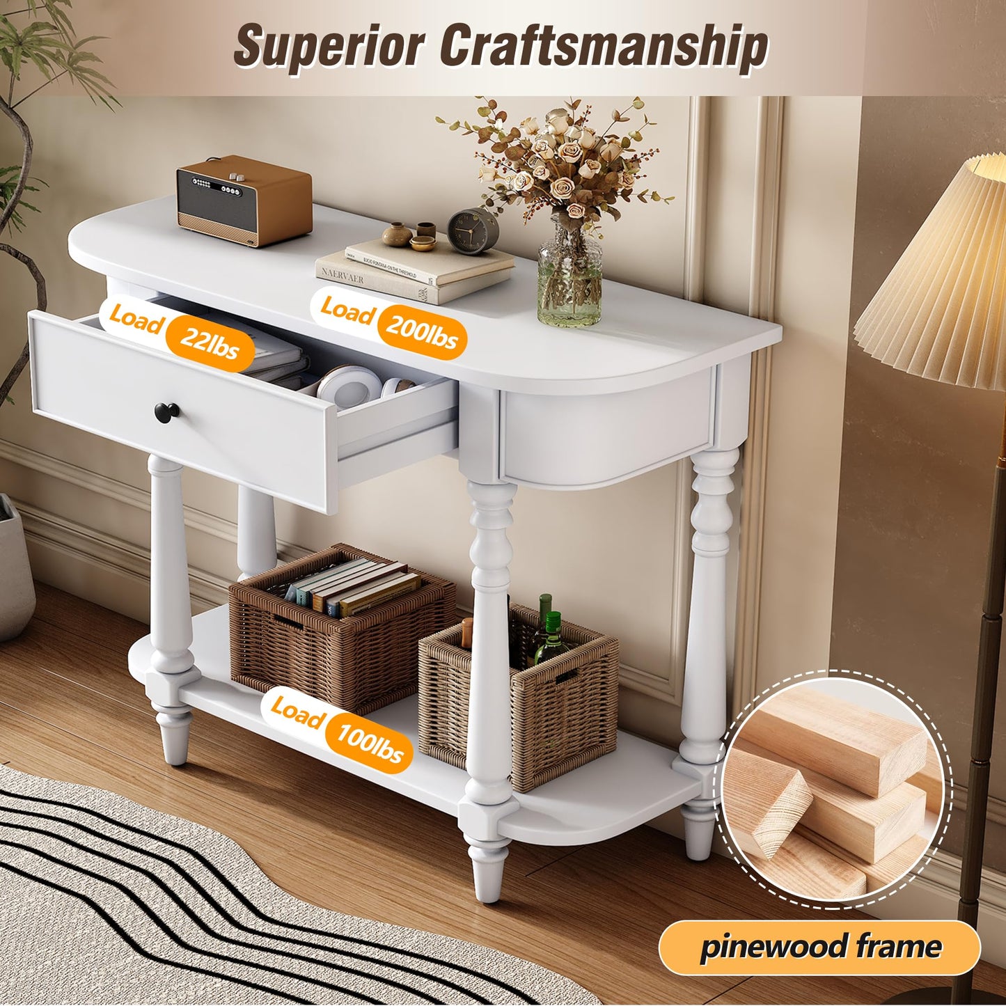 LKTART Small Solid Wood Sofa Table,Console Table with Drawers and Bottom Shelf, Entryway Hallway Foyer Entry Table for Living Room(23.7" Natural)